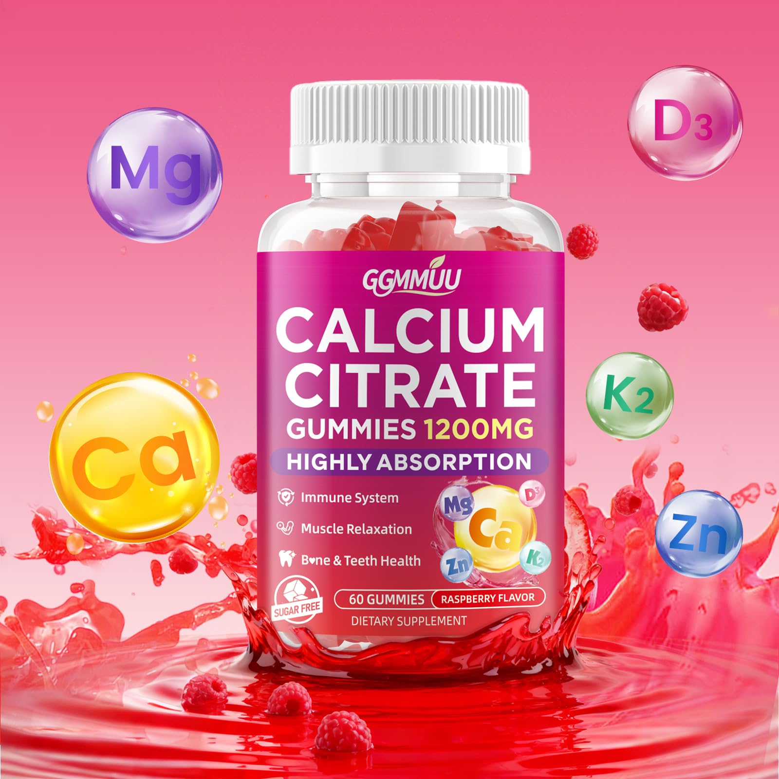 GGMMUU Calcium Citrate Gummies on a wooden table with fresh raspberries