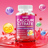 GGMMUU Calcium Citrate Gummies on a wooden table with fresh raspberries