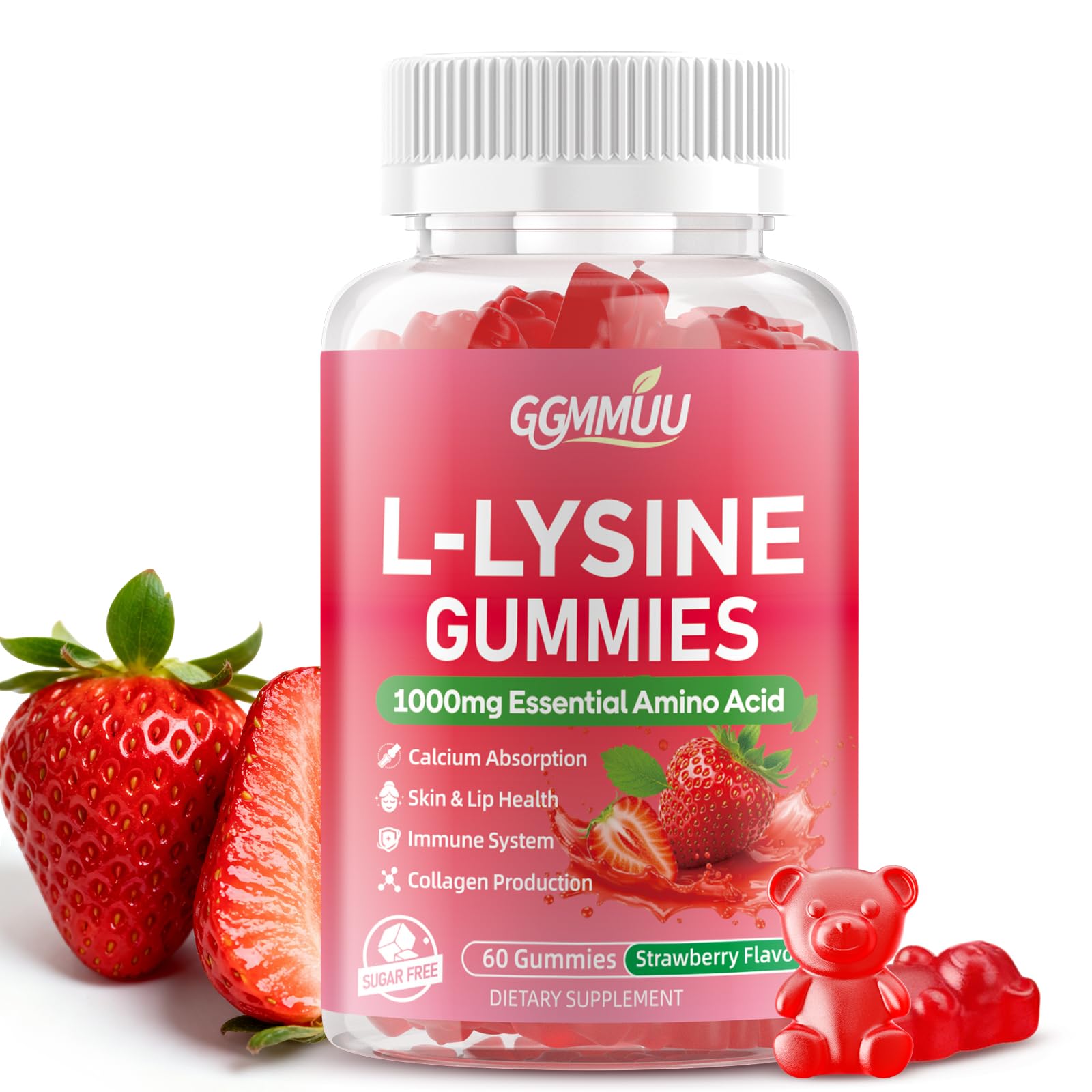GGMMUU L-Lysine Gummies bottle front view with strawberry flavour