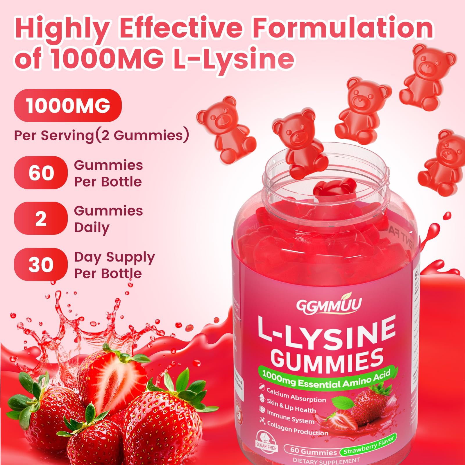 GGMMUU L-Lysine Gummies displayed with fresh strawberries