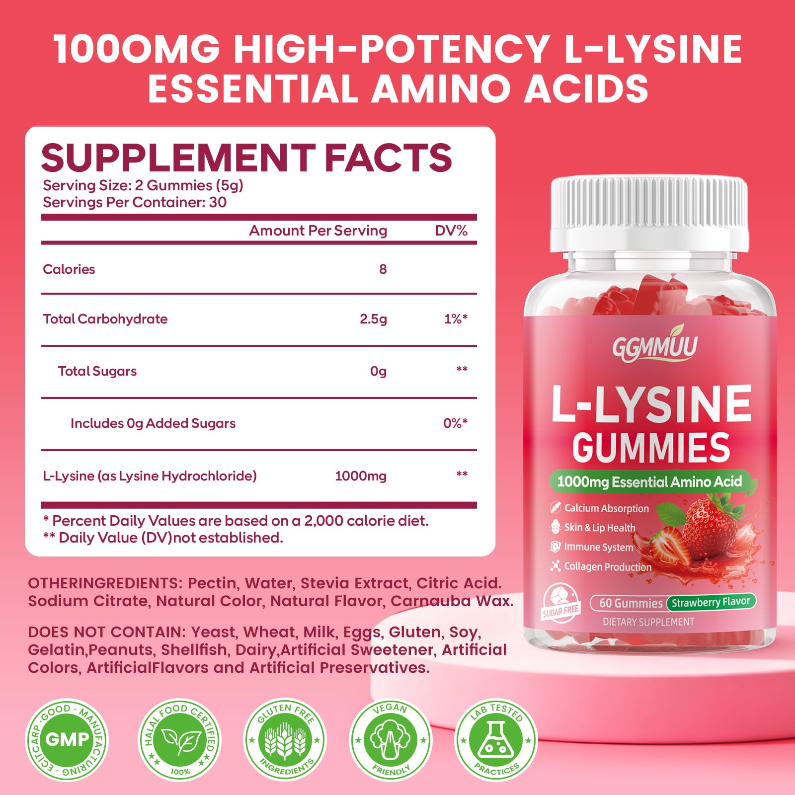 GGMMUU L-Lysine Gummies side view showing nutritional information