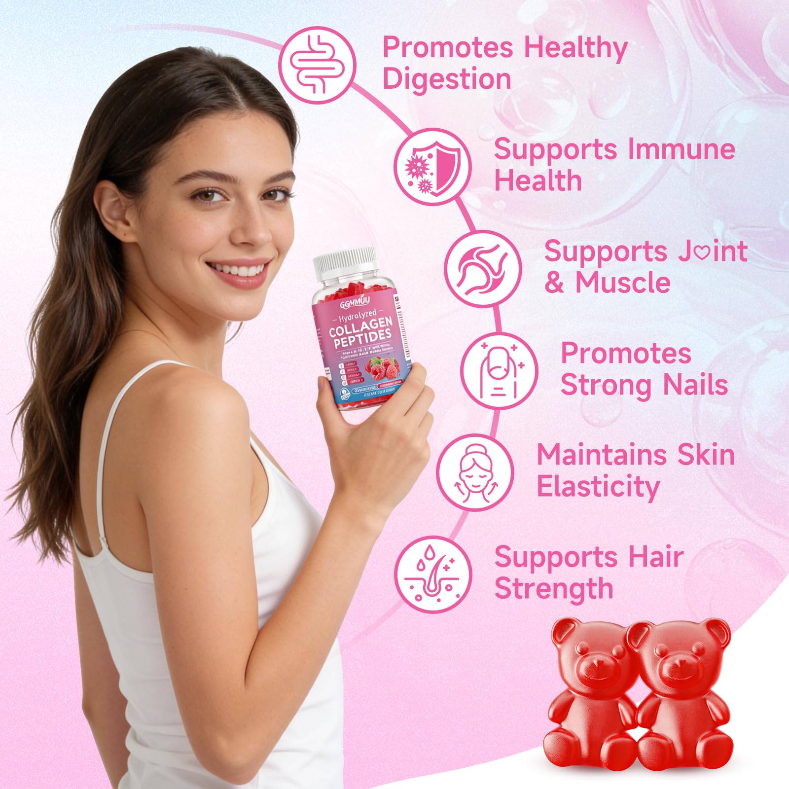 GGMMUU Multi-Collagen Gummies raspberry flavour close-up