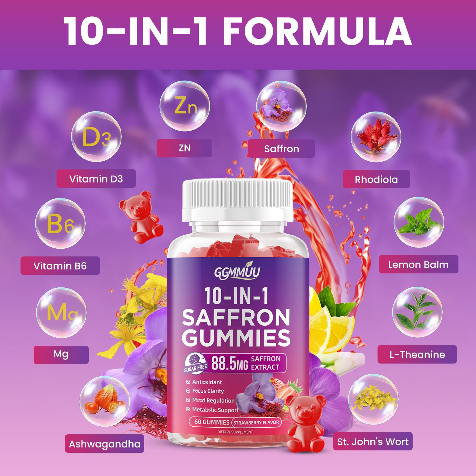 GGMMUU Saffron Gummies back view with dosage information