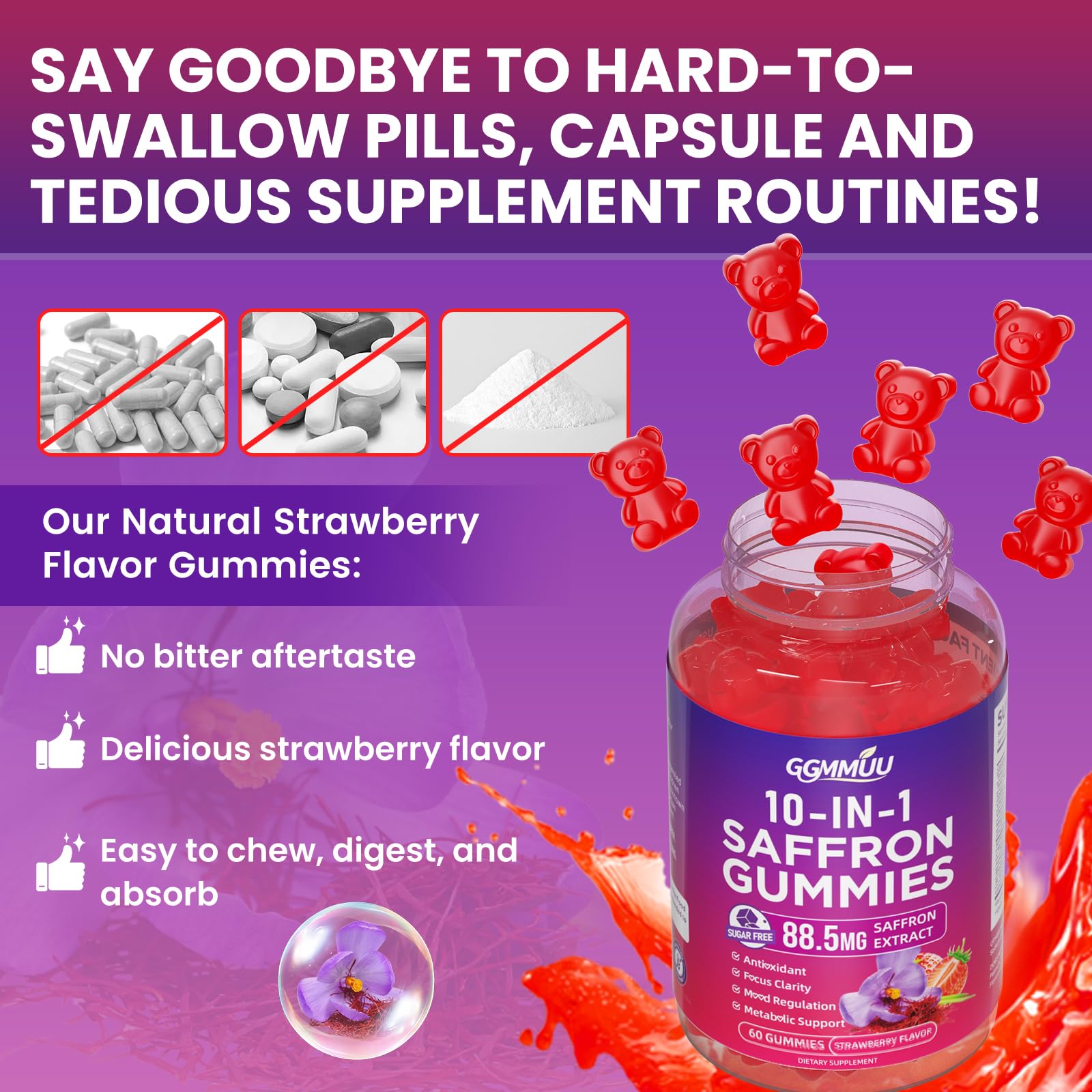 GGMMUU Saffron Gummies displayed on a kitchen counter