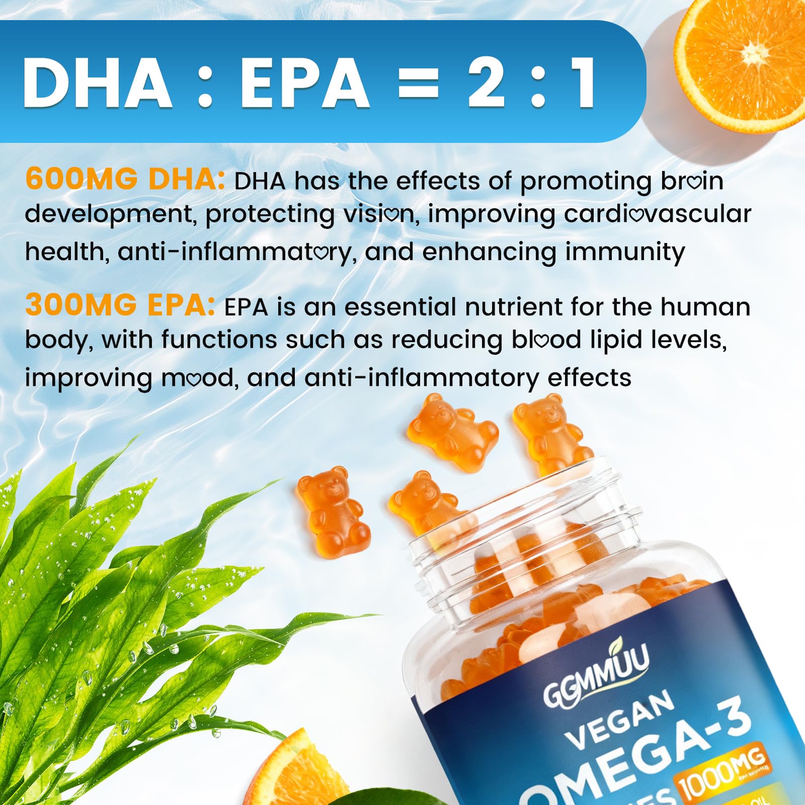 GGMMUU Vegan Omega 3 Gummies 1000mg gummies on a plate