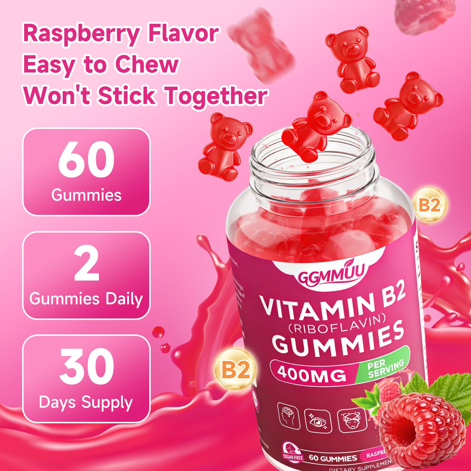 GGMMUU Vitamin B2 gummies displayed with other supplements