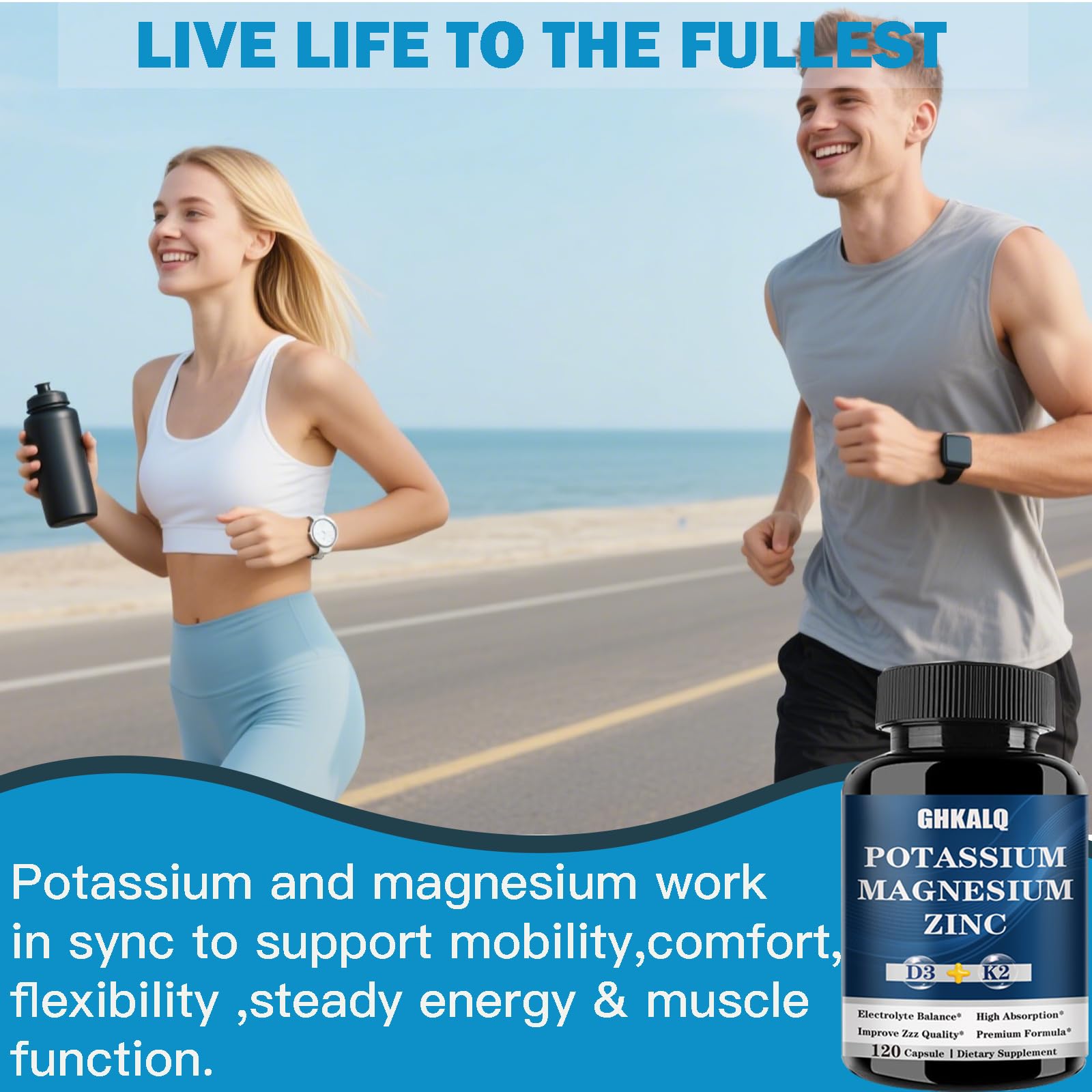 GHKALQ Potassium Magnesium Zinc Supplement on a wooden table