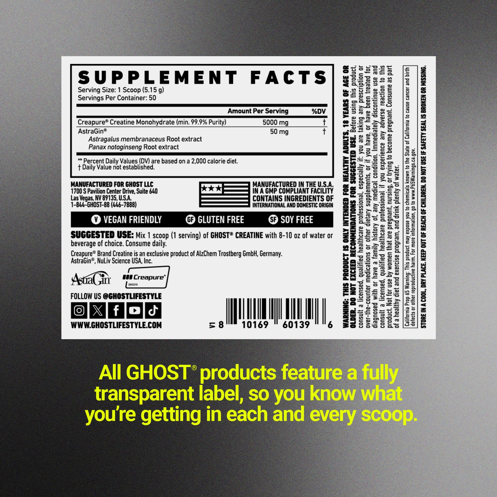 GHOST Basics Creatine Unflavoured Powder 340g nutritional information