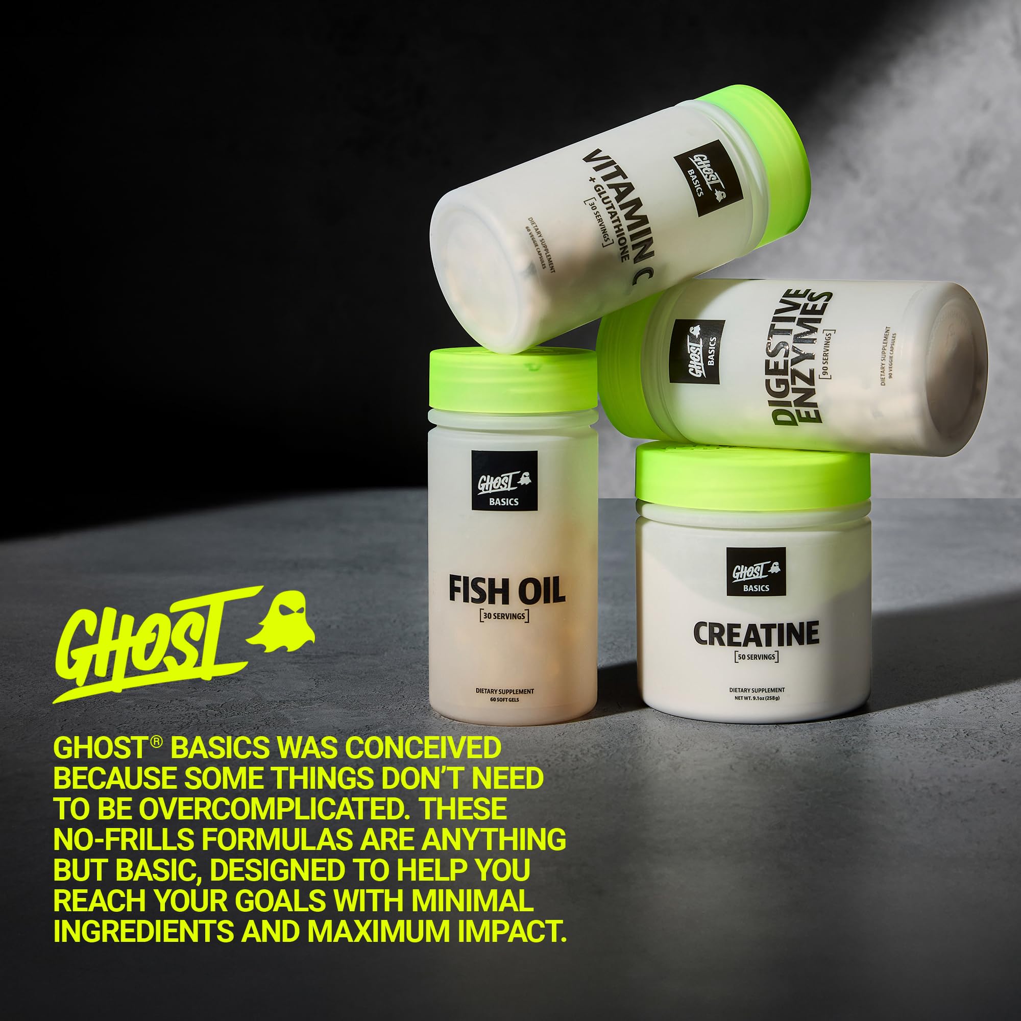 GHOST Basics Fish Oil softgels on a wooden table