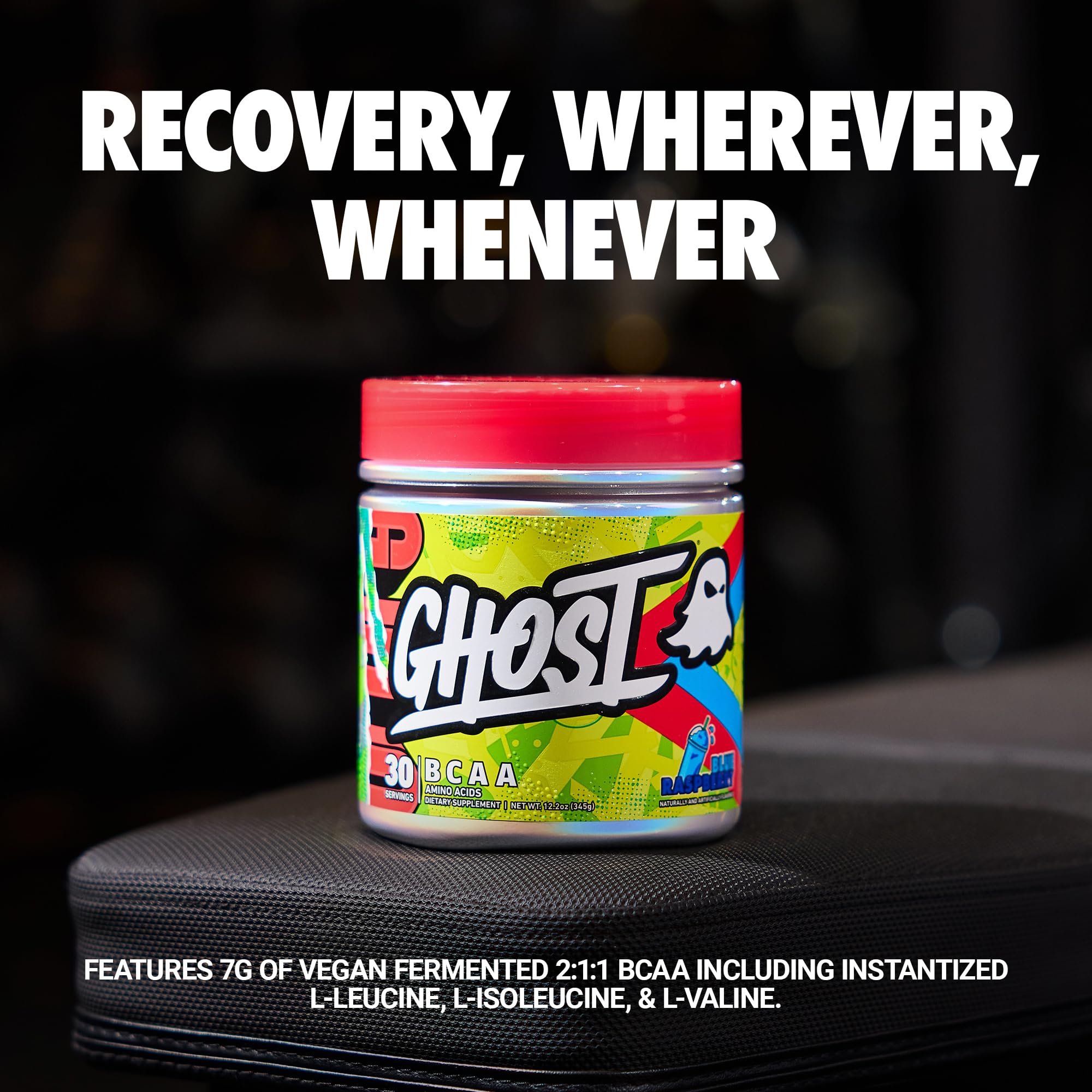 GHOST BCAA Blue Raspberry powder in a scoop