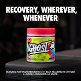 GHOST BCAA Blue Raspberry powder in a scoop