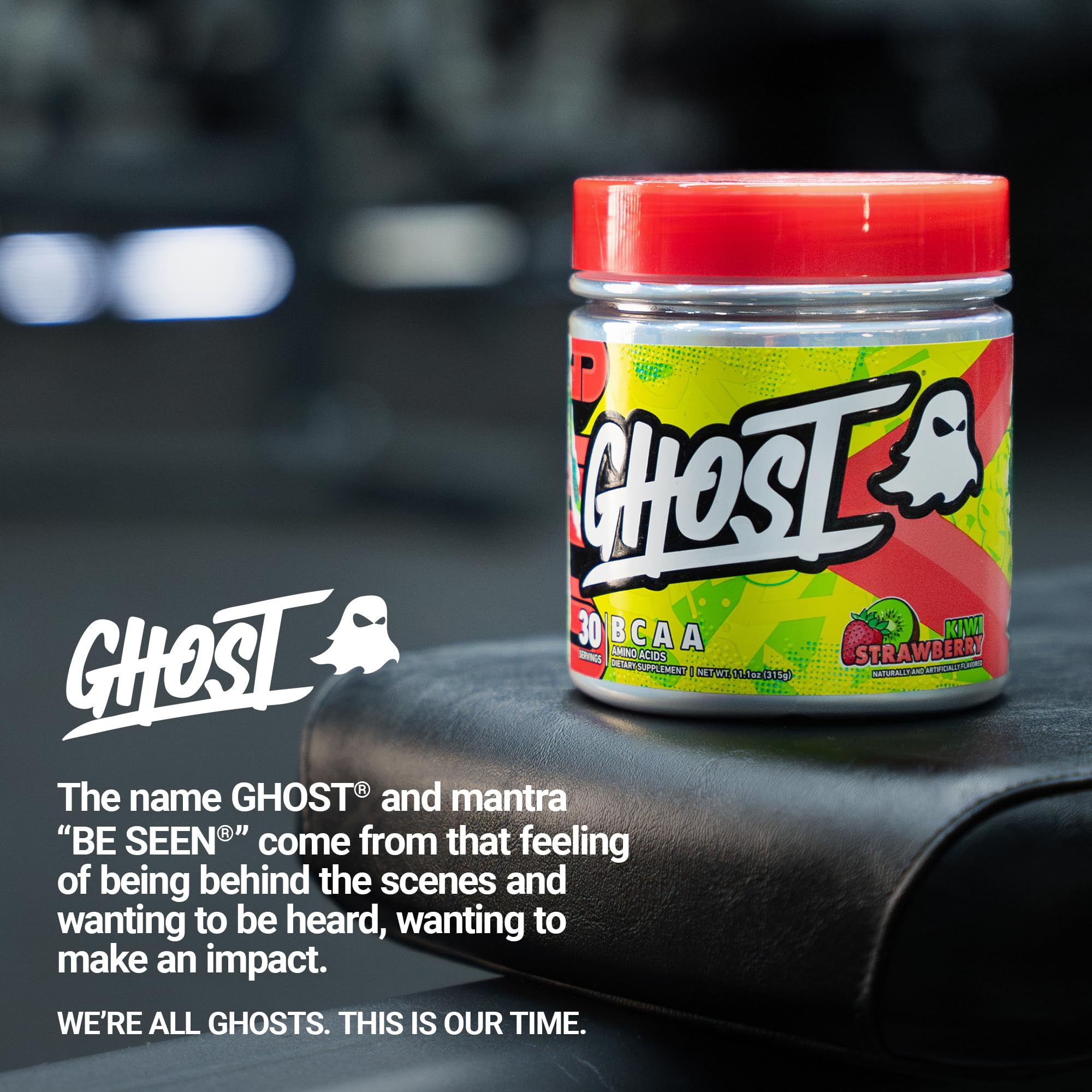 GHOST BCAA Kiwi Strawberry displayed with fresh kiwi and strawberries