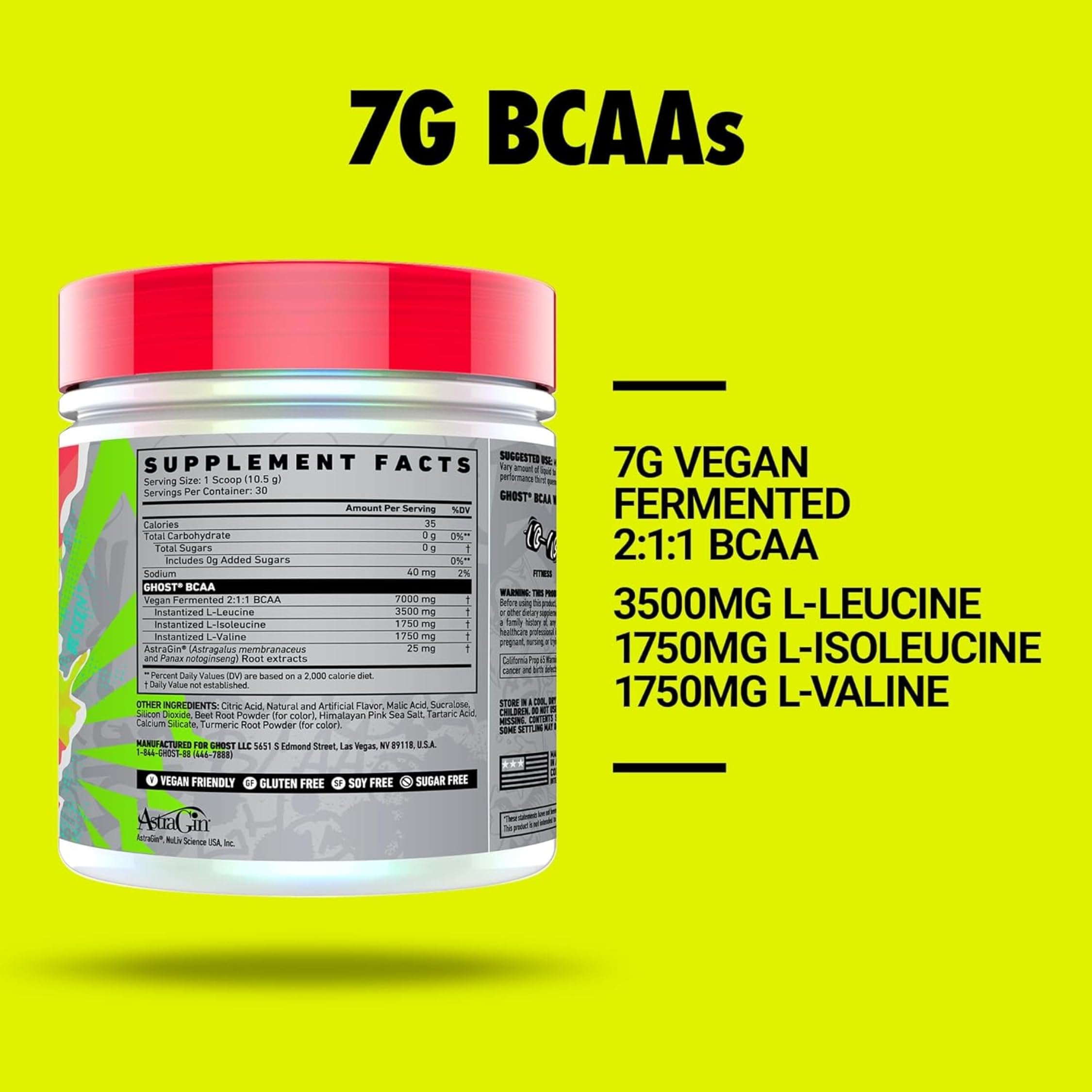 GHOST BCAA Kiwi Strawberry nutritional information panel