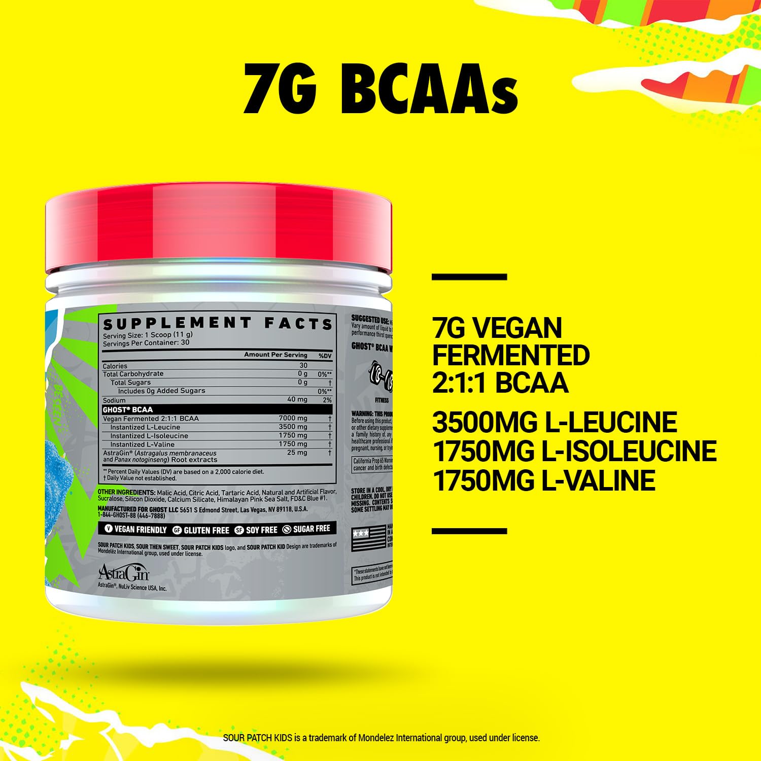 GHOST BCAA Sour Patch Kids Blue Raspberry flavour packaging side view