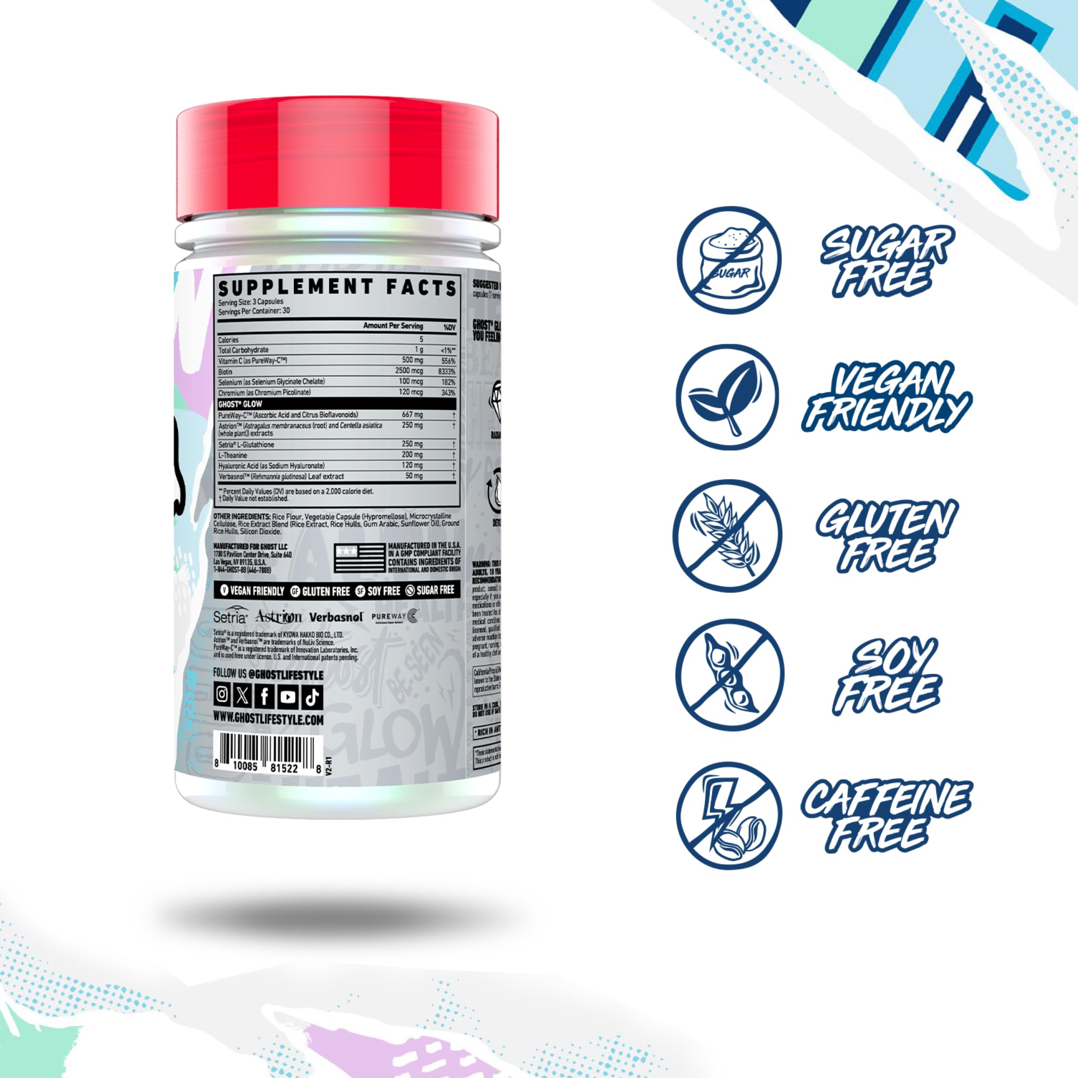 GHOST Glow product packaging with ingredients