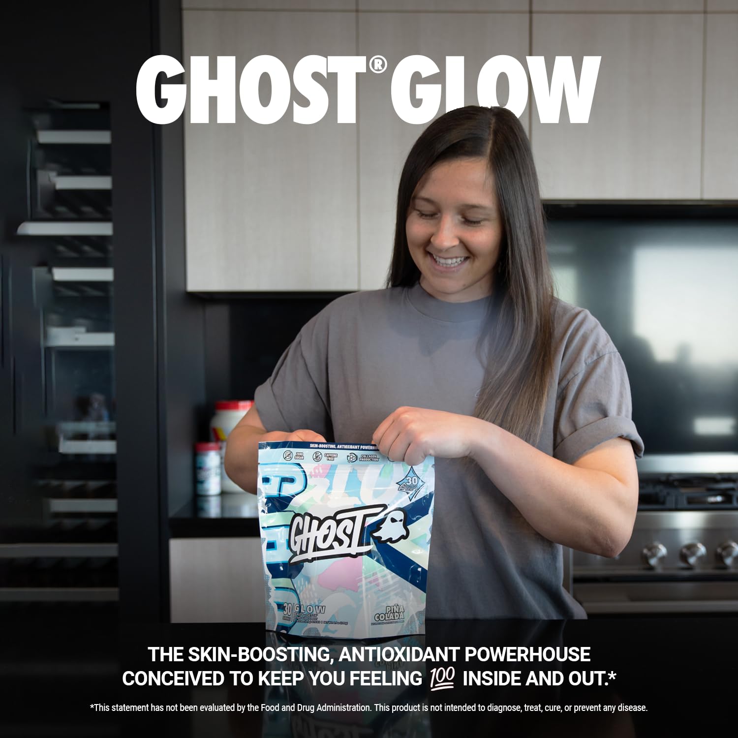GHOST Glow Skin Supplement packaging with 30 sticks