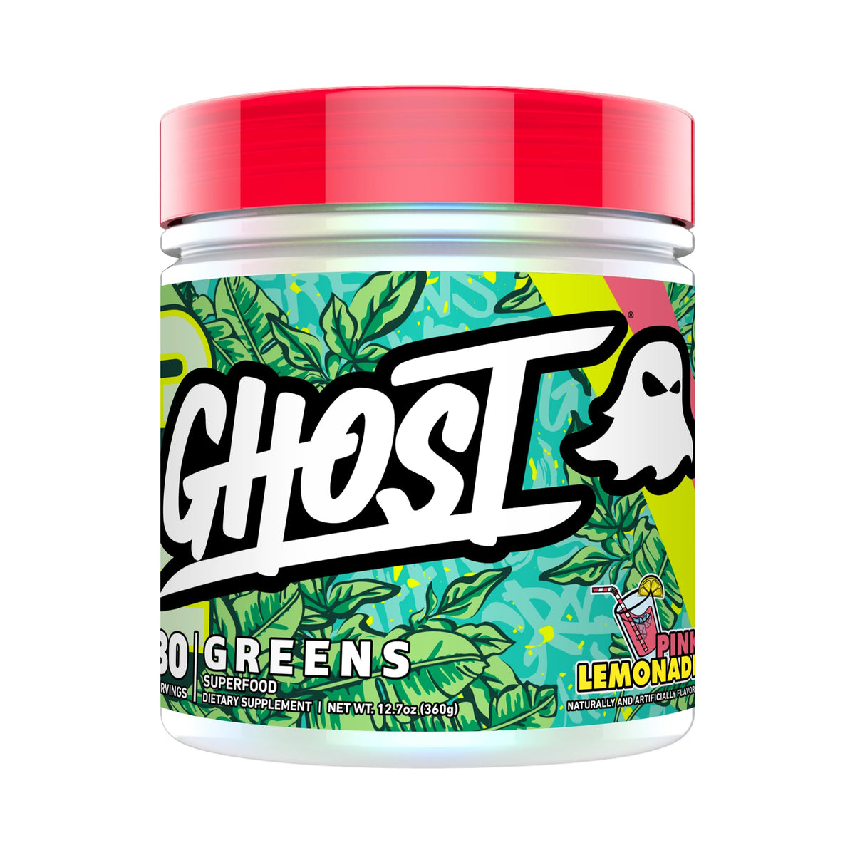 GHOST Greens Chlorella Supplement front view with Pink Lemonade flavour