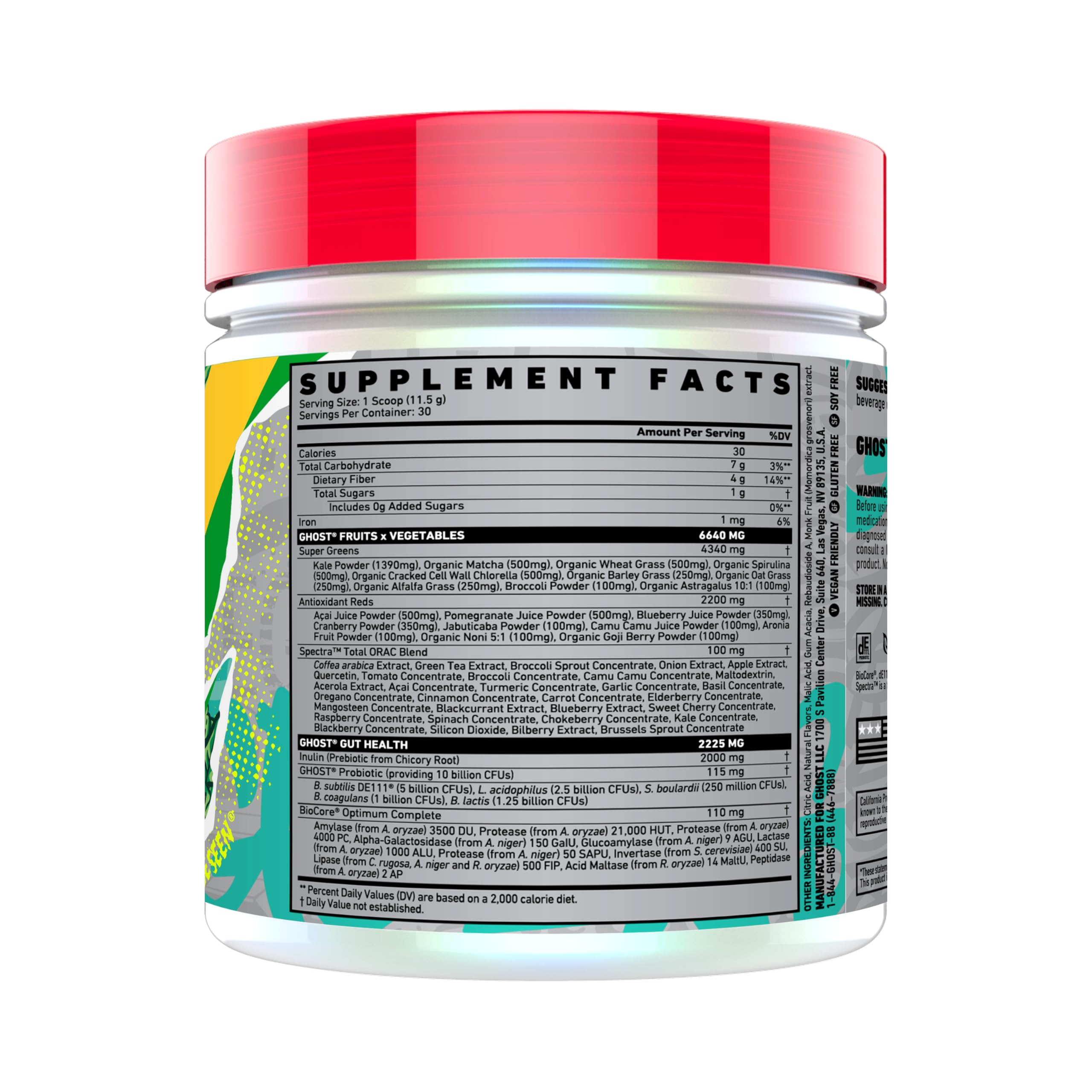 GHOST Greens Chlorella Supplement tub side view showcasing nutritional information