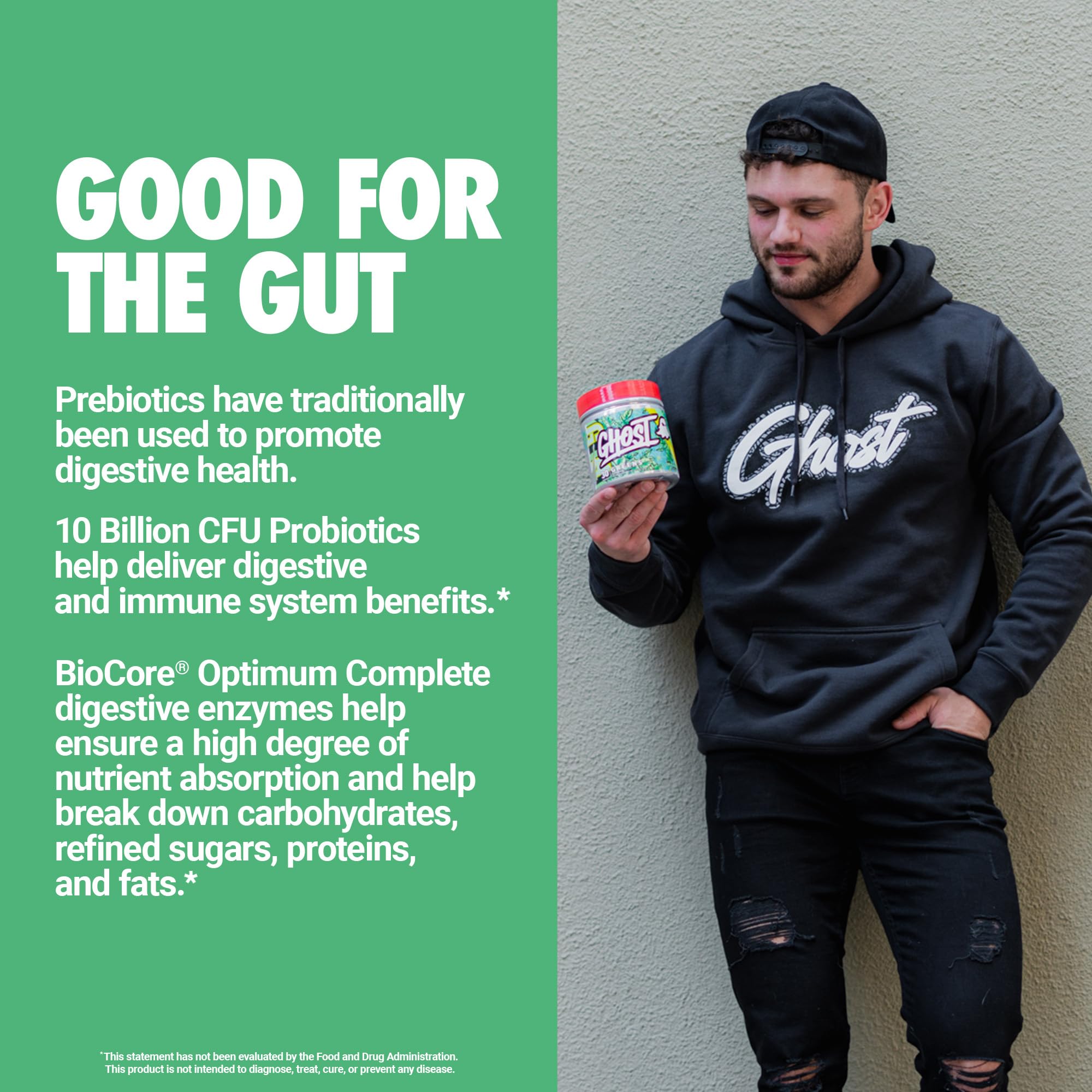 GHOST Greens supplement tub with a tree planting initiative logo
