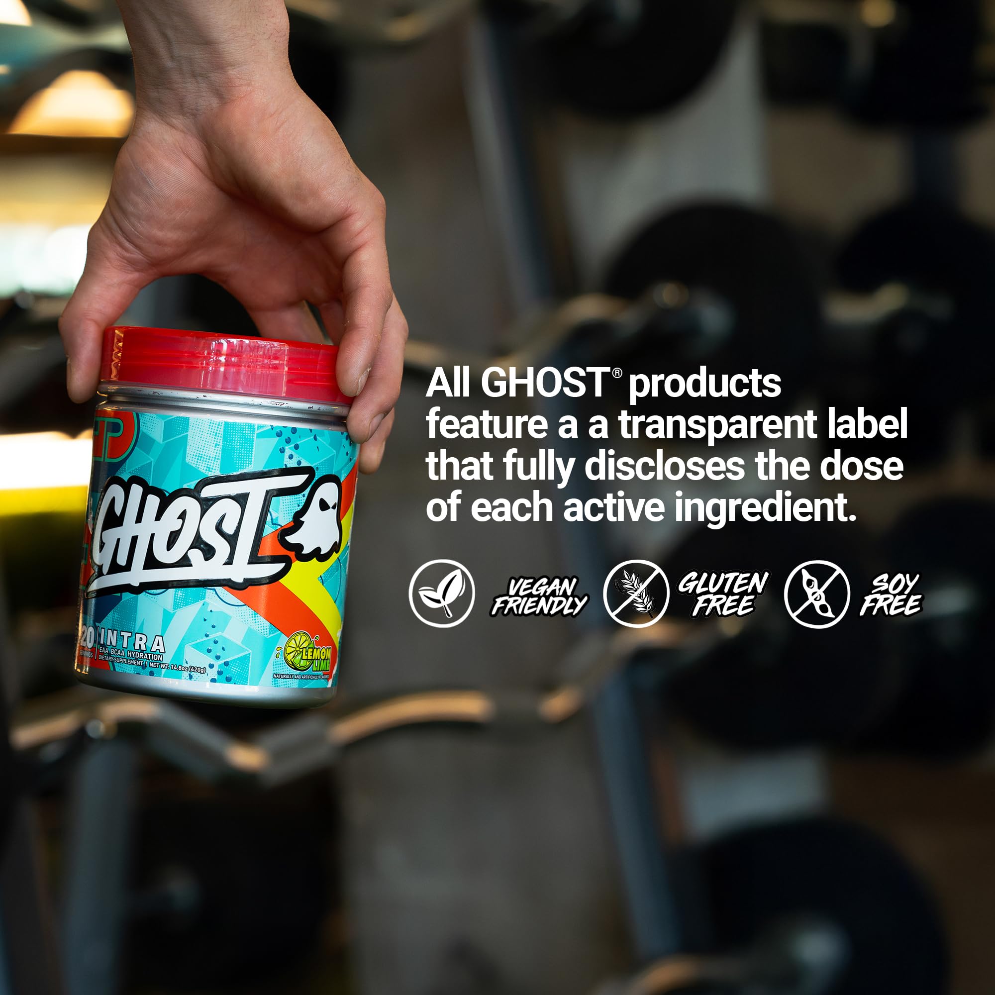 GHOST Intra BCAA Supplement 430g back view showing ingredients