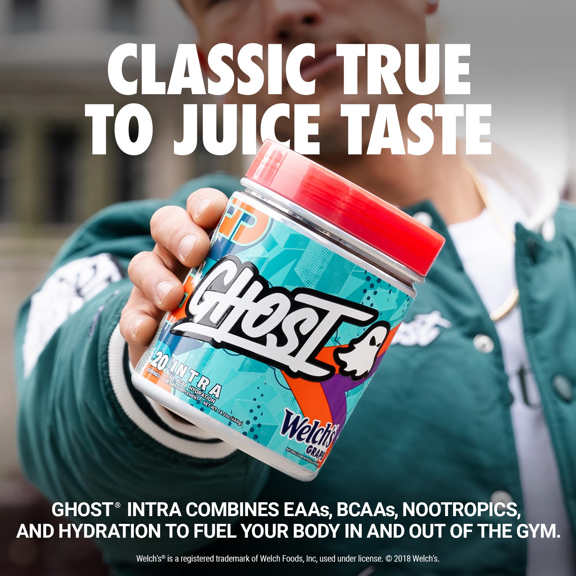GHOST Intra BCAA Supplement 430g side view showing nutritional information