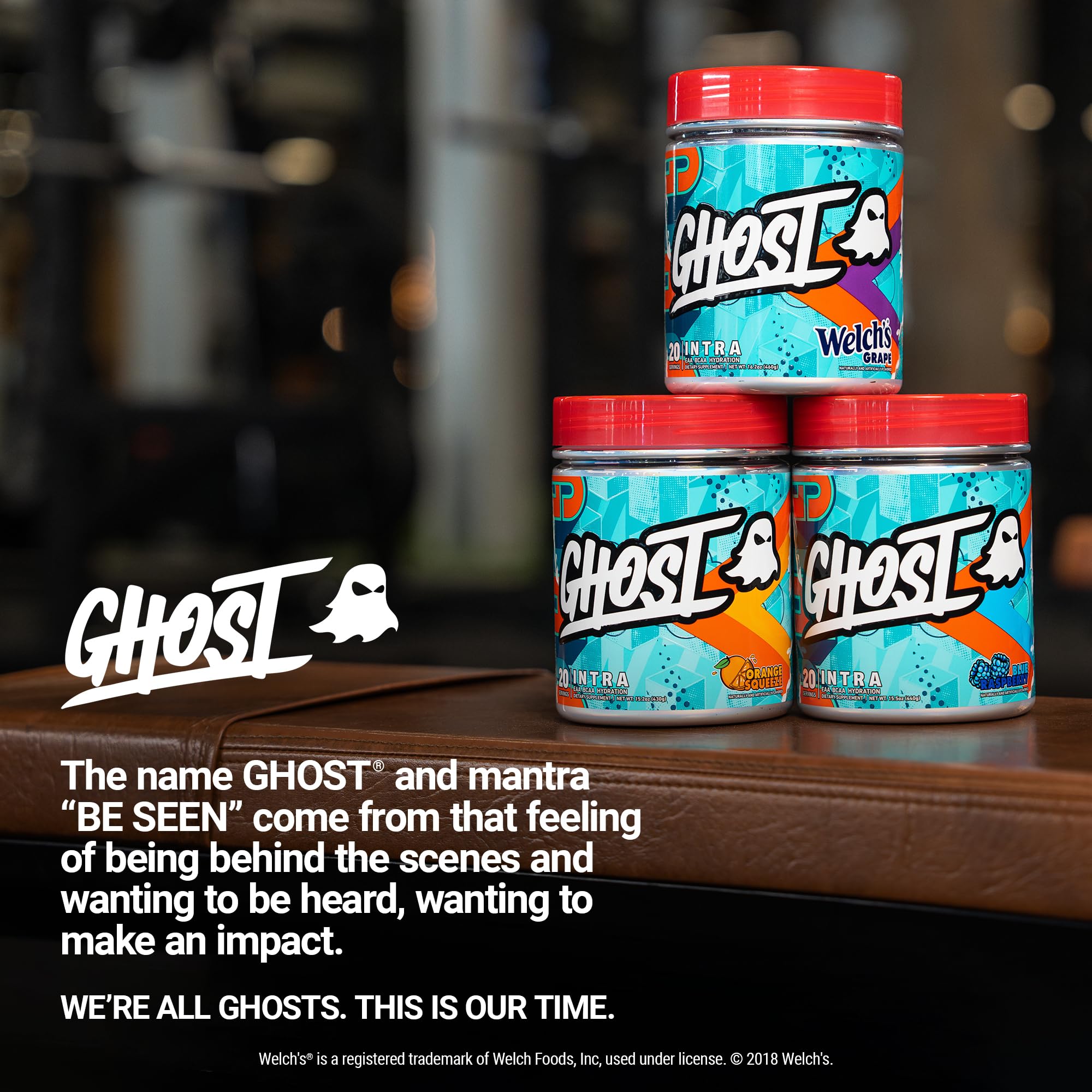 GHOST Intra BCAAs 430g container on a fitness mat