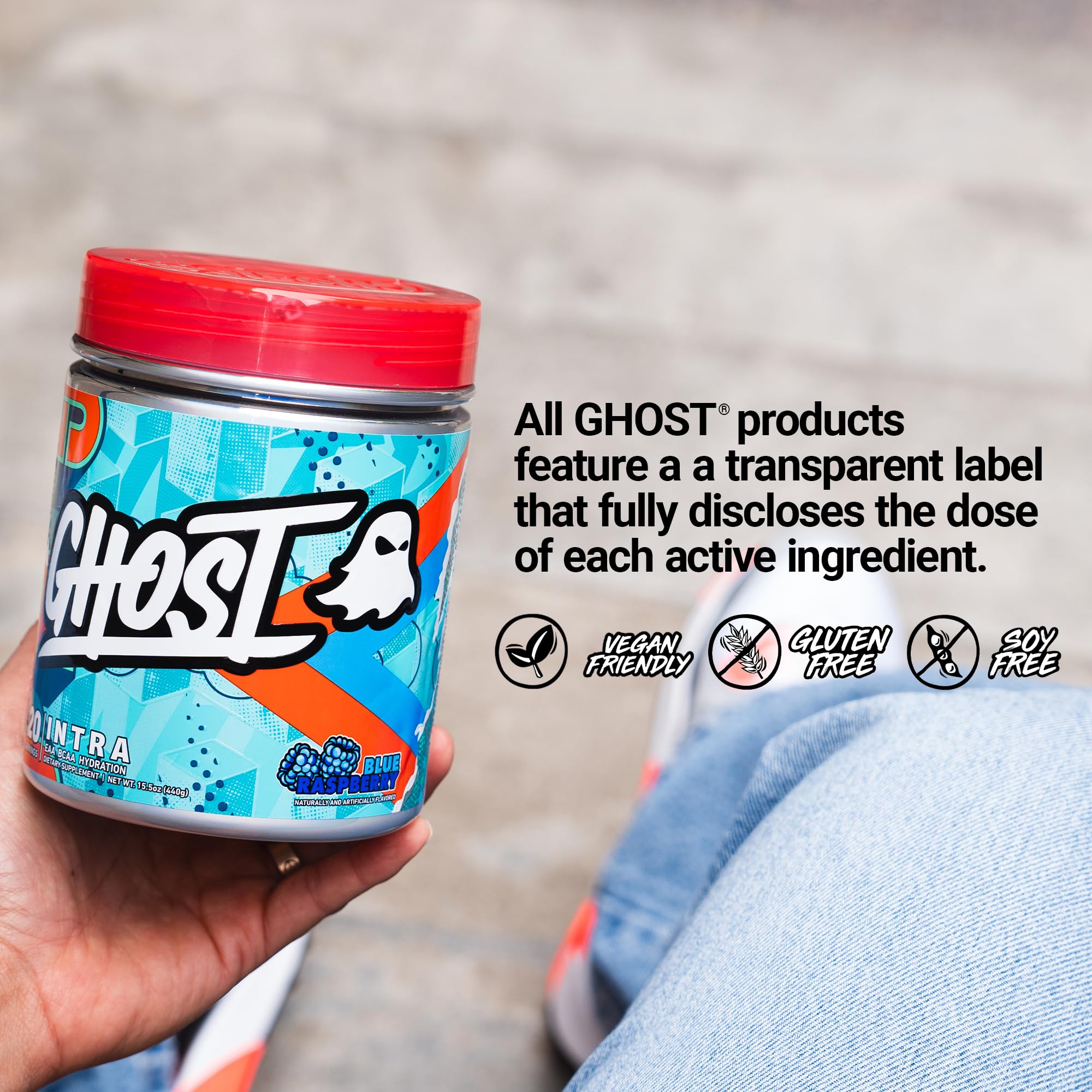 GHOST Intra BCAAs Blue Raspberry container with lid