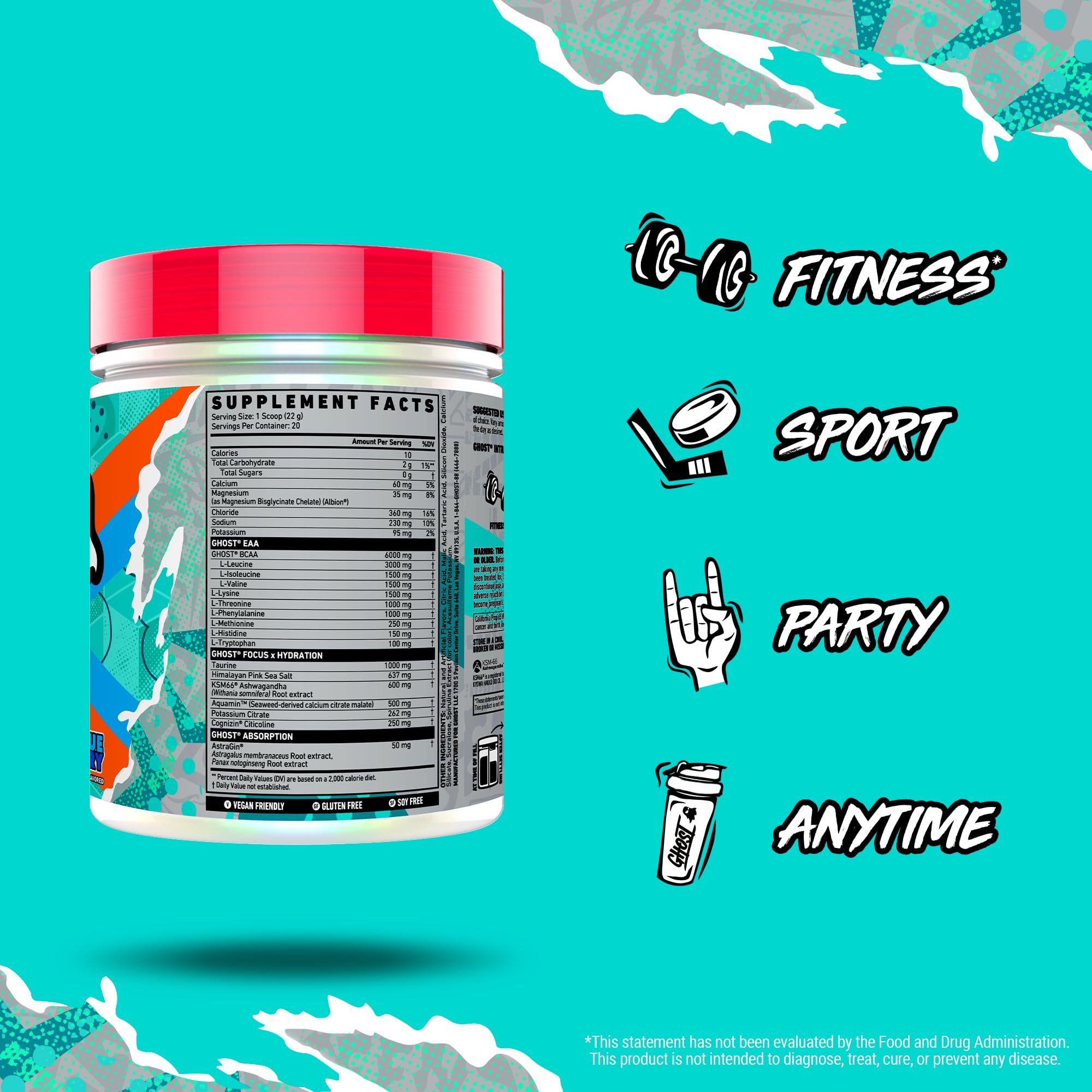 GHOST Intra BCAAs Blue Raspberry scoop in a glass of water