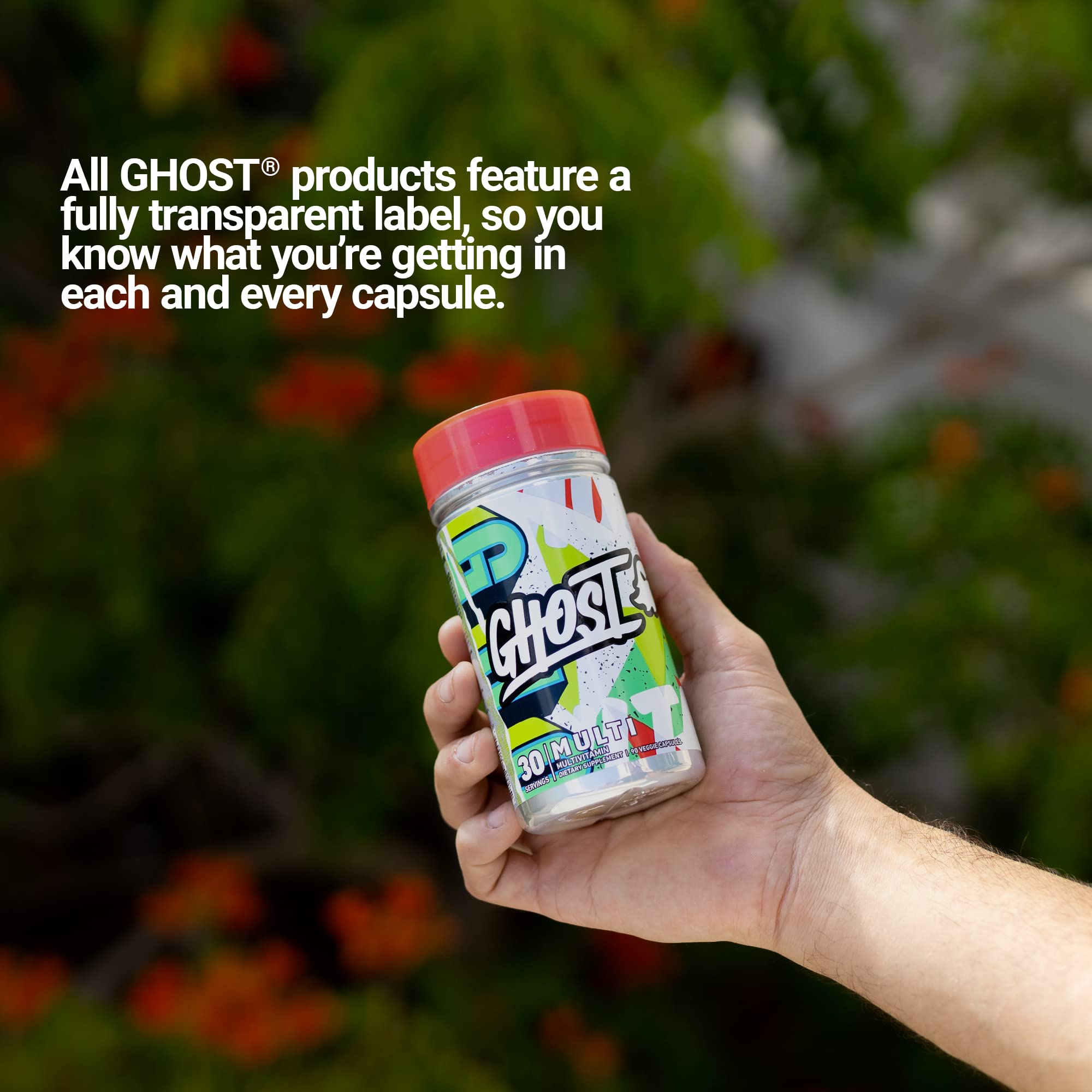 GHOST Multivitamin capsules on a table