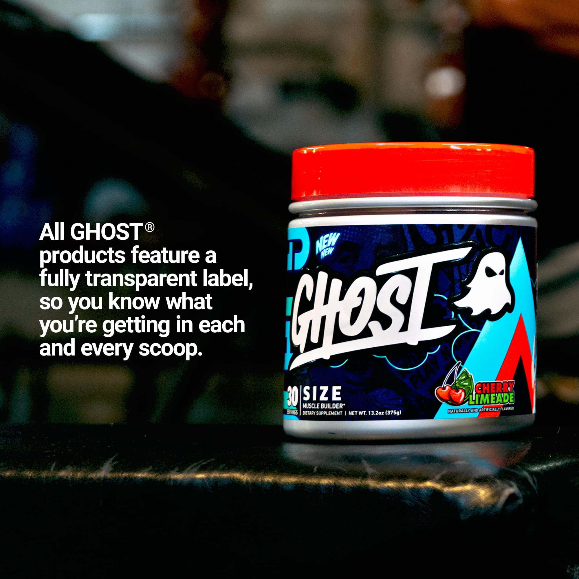 GHOST Size Creatine Powder Cherry Limeade in a gym setting