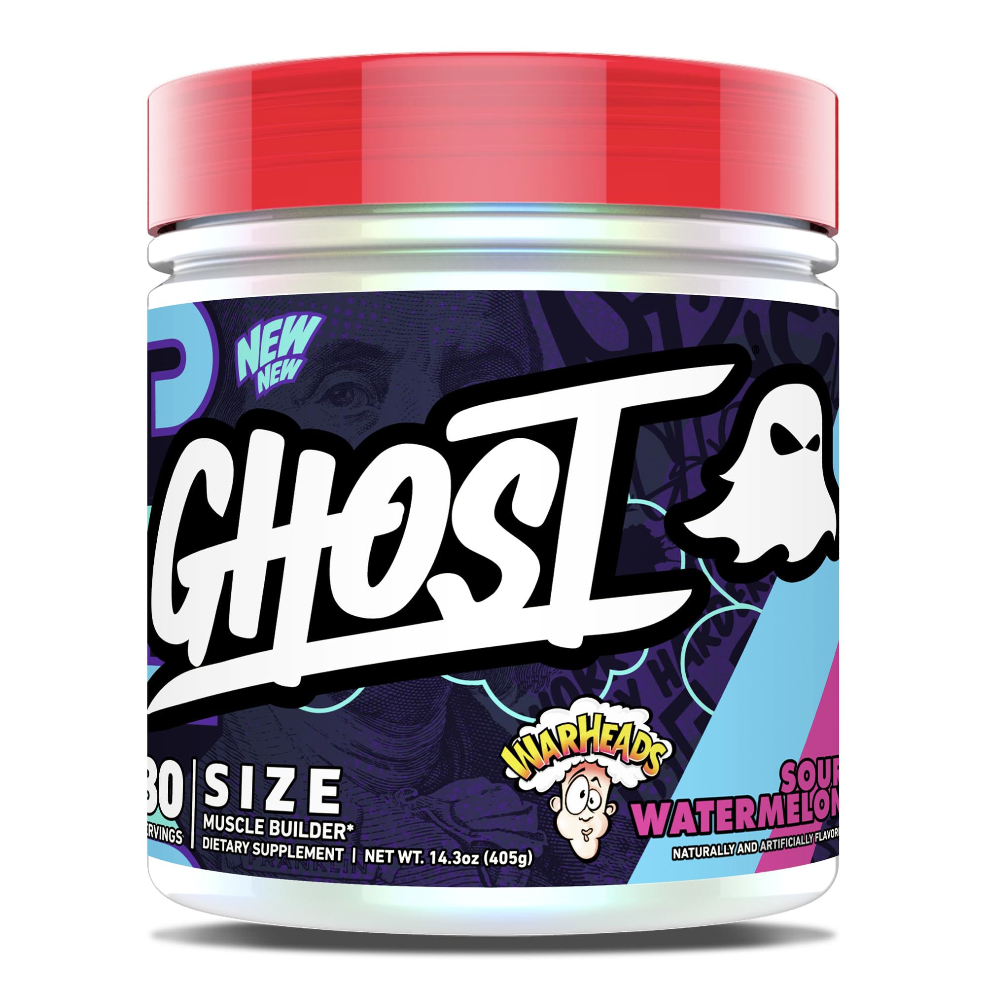 GHOST Size Creatine tub front view in Warheads Sour Watermelon flavour