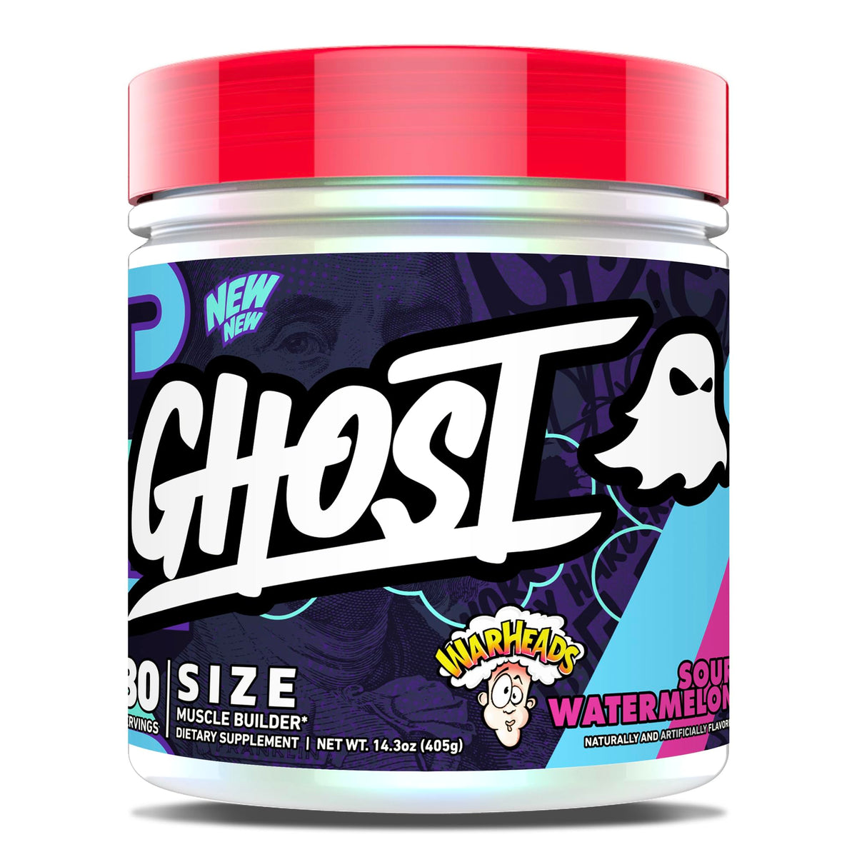 GHOST Size Creatine tub front view in Warheads Sour Watermelon flavour