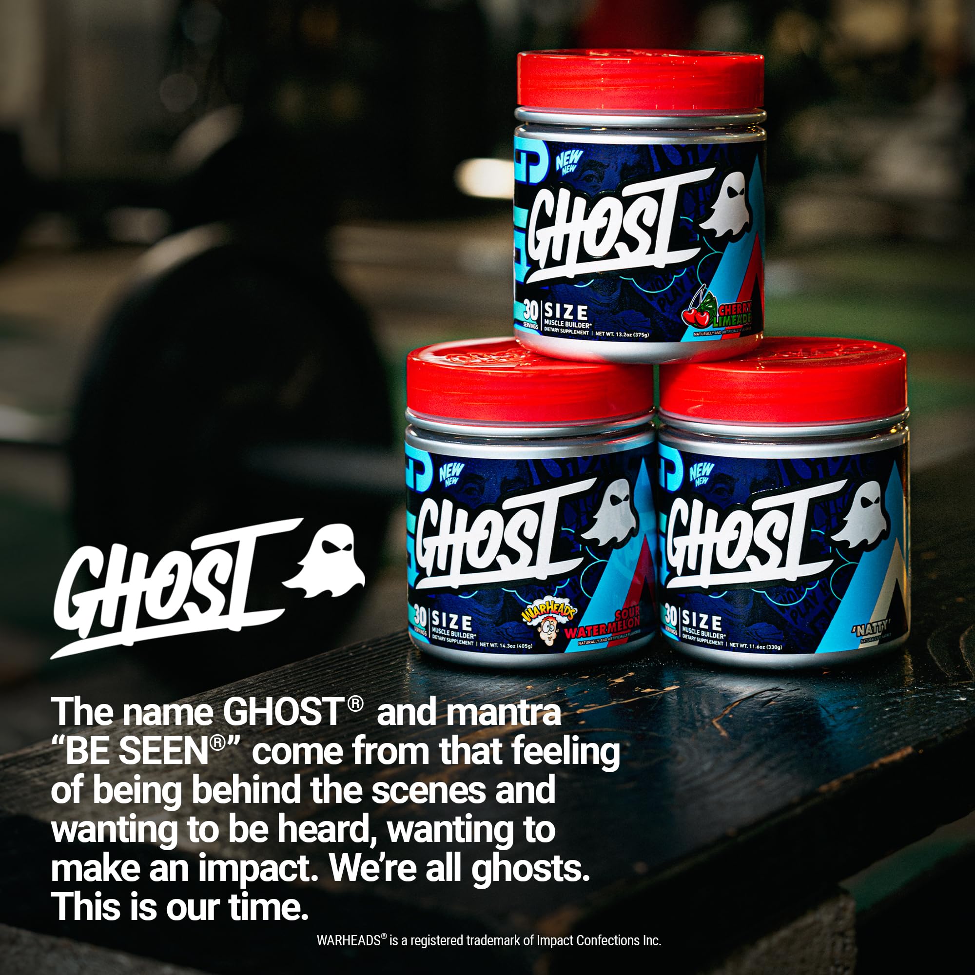 GHOST Size Creatine tub on a gym bench with weights