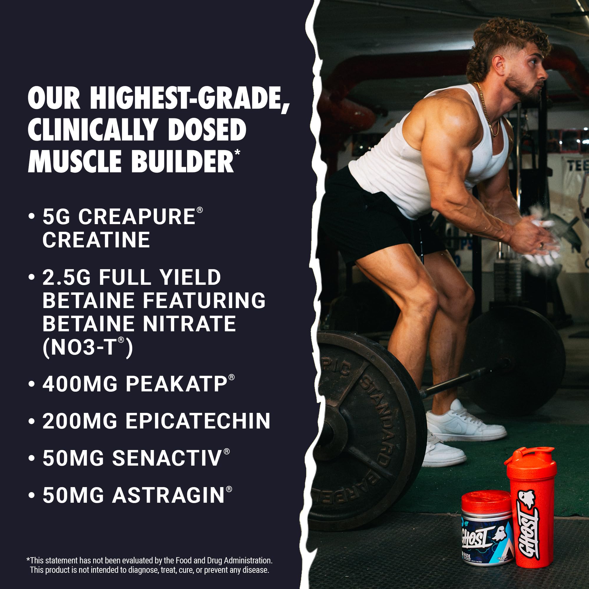 GHOST Size unflavoured creatine supplement side view showing serving size