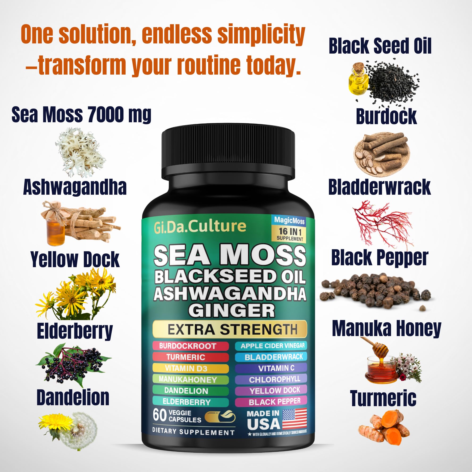 Gi.Da.Culture Sea Moss Capsules side view showing ingredients