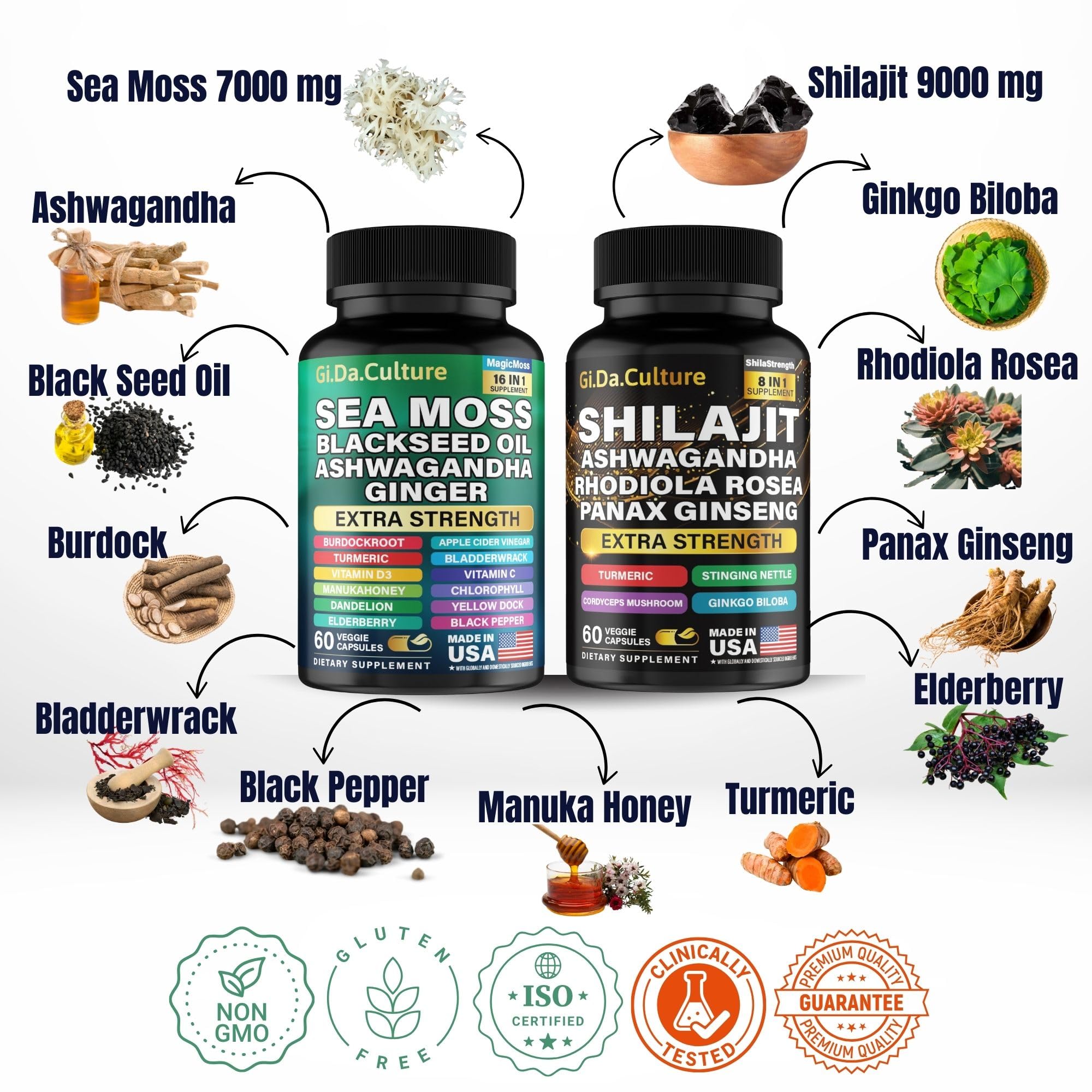 Gi.Da.Culture Shilajit and Sea Moss capsules on a wooden table