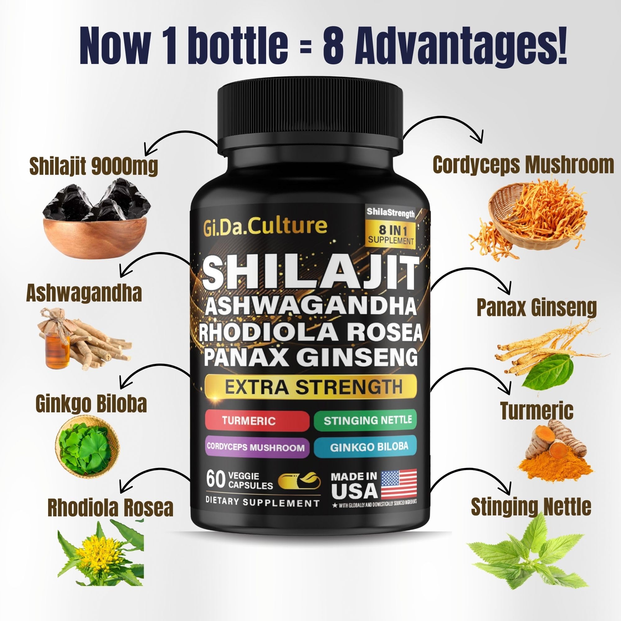 Gi.Da.Culture Shilajit Capsules with Ashwagandha and Ginseng ingredients