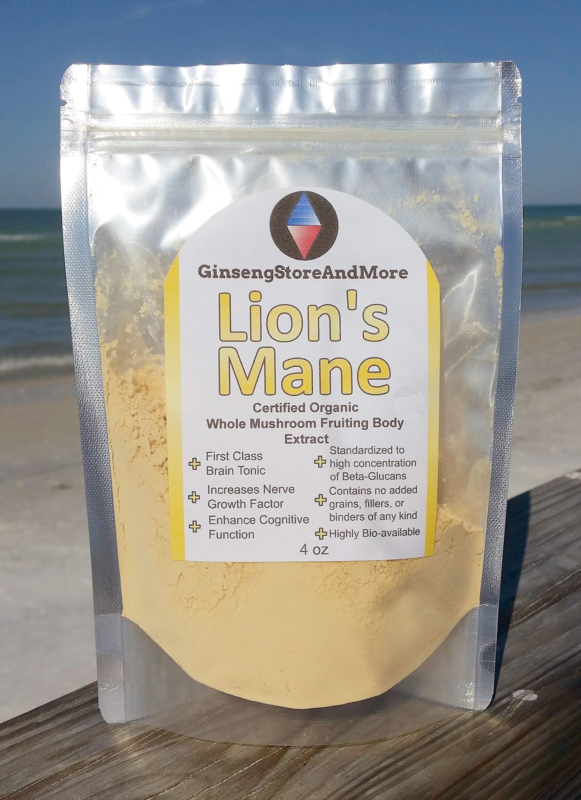 GinsengStoreAndMore Lion's Mane Mushroom Extract 181g side view showing ingredients