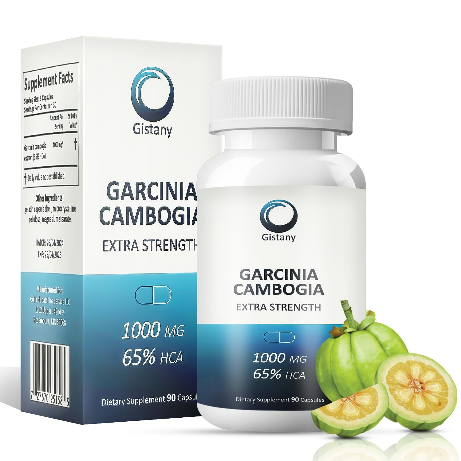 Gistany Garcinia Cambogia 65% HCA supplement front view with 90 capsules