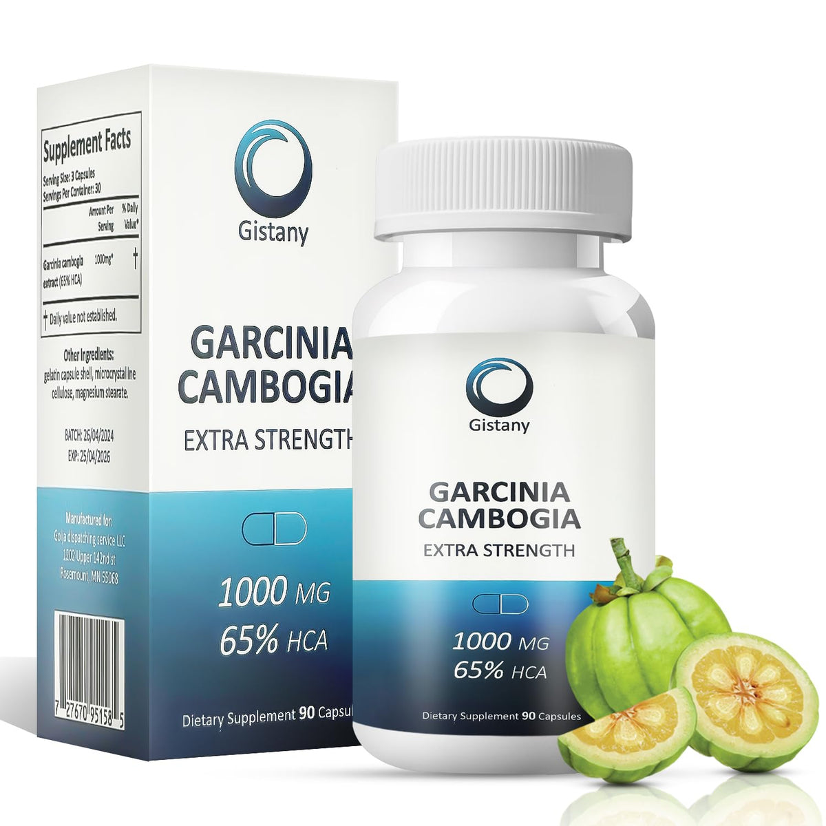 Gistany Garcinia Cambogia 65% HCA supplement front view with 90 capsules