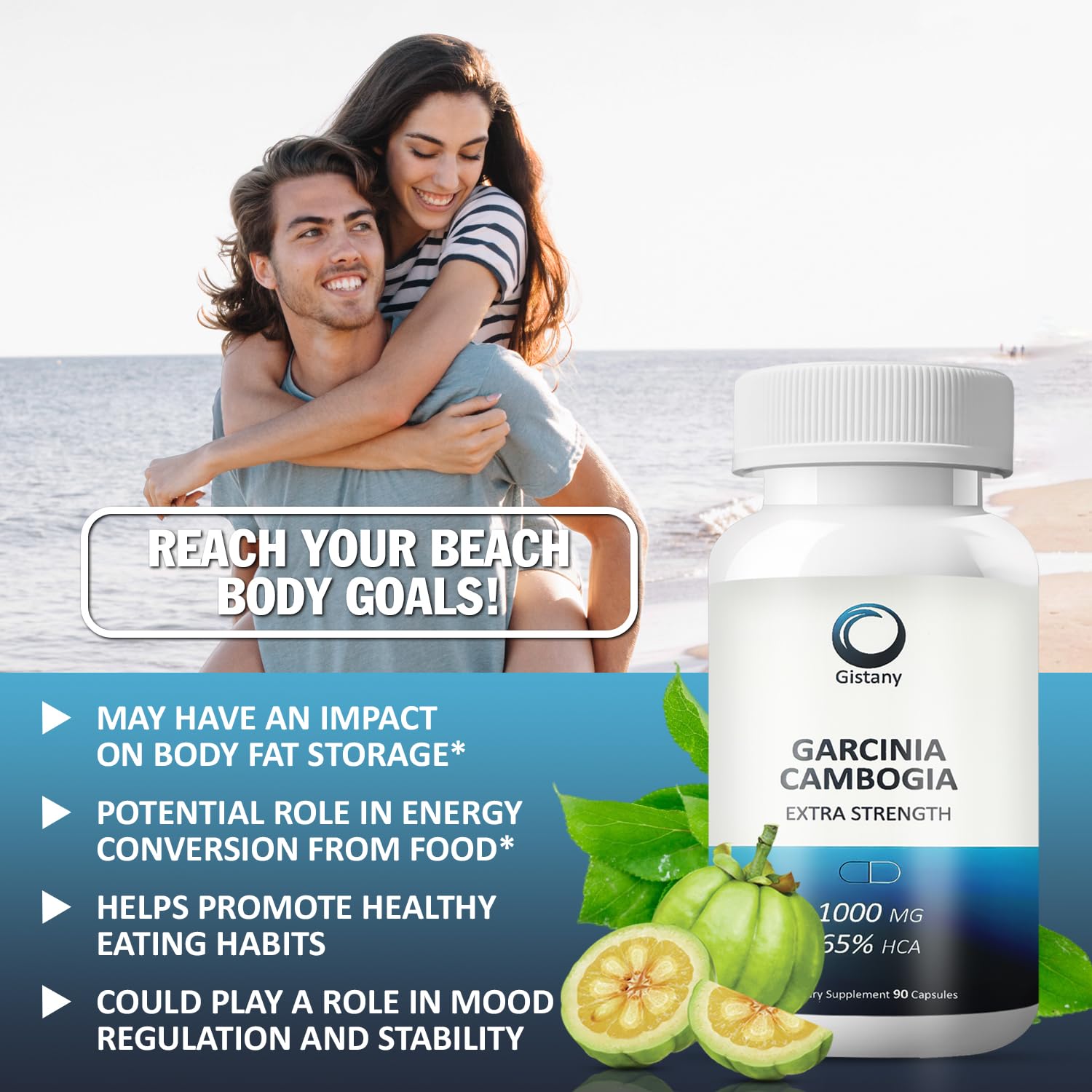 Gistany Garcinia Cambogia bottle with fresh fruit background