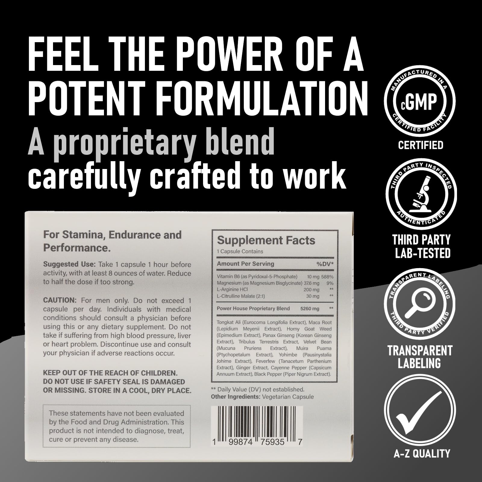GLADTON Power House Male Stamina Supplement 60 Capsules with herbal ingredients