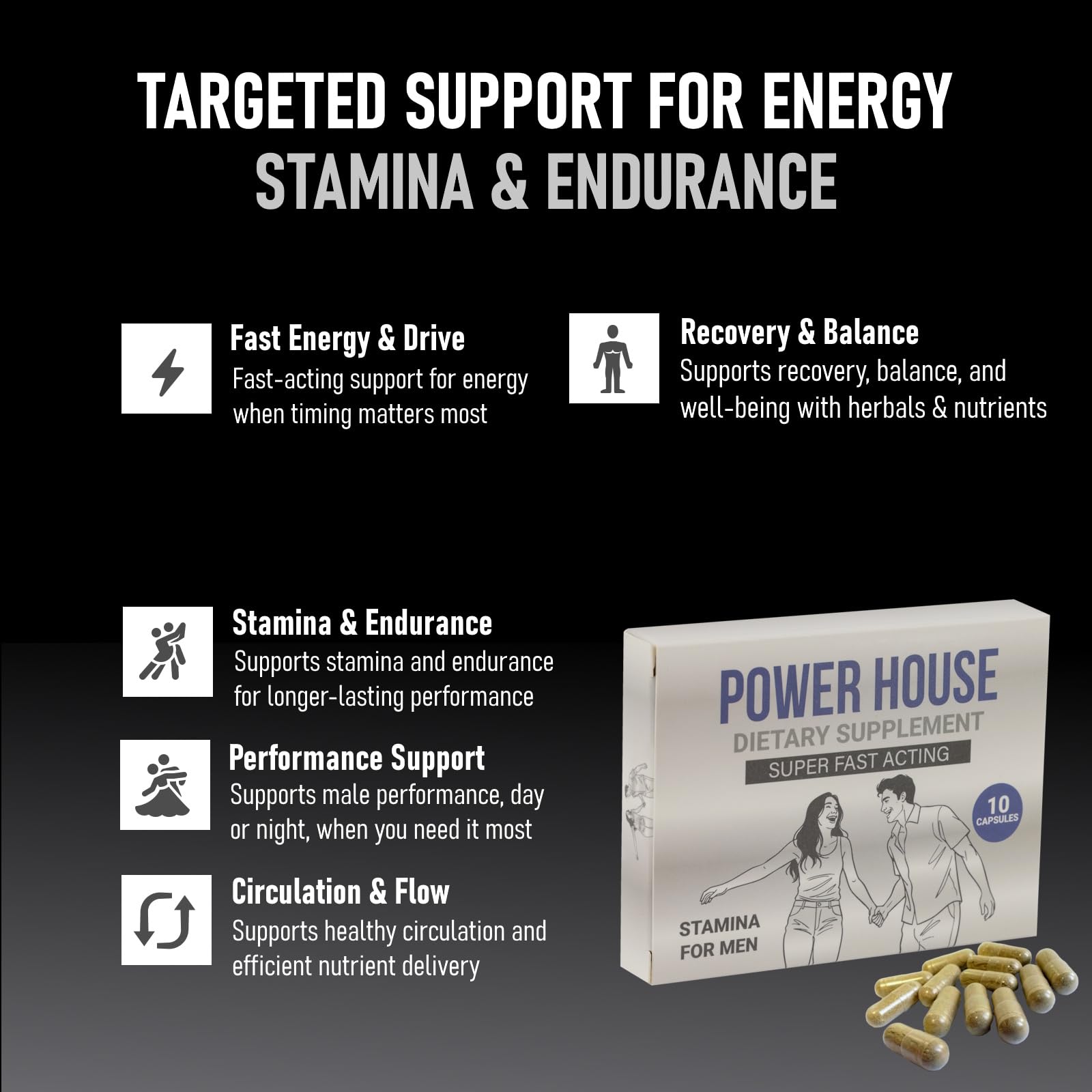 GLADTON Power House Male Stamina Supplement 60 Capsules with measuring scoop