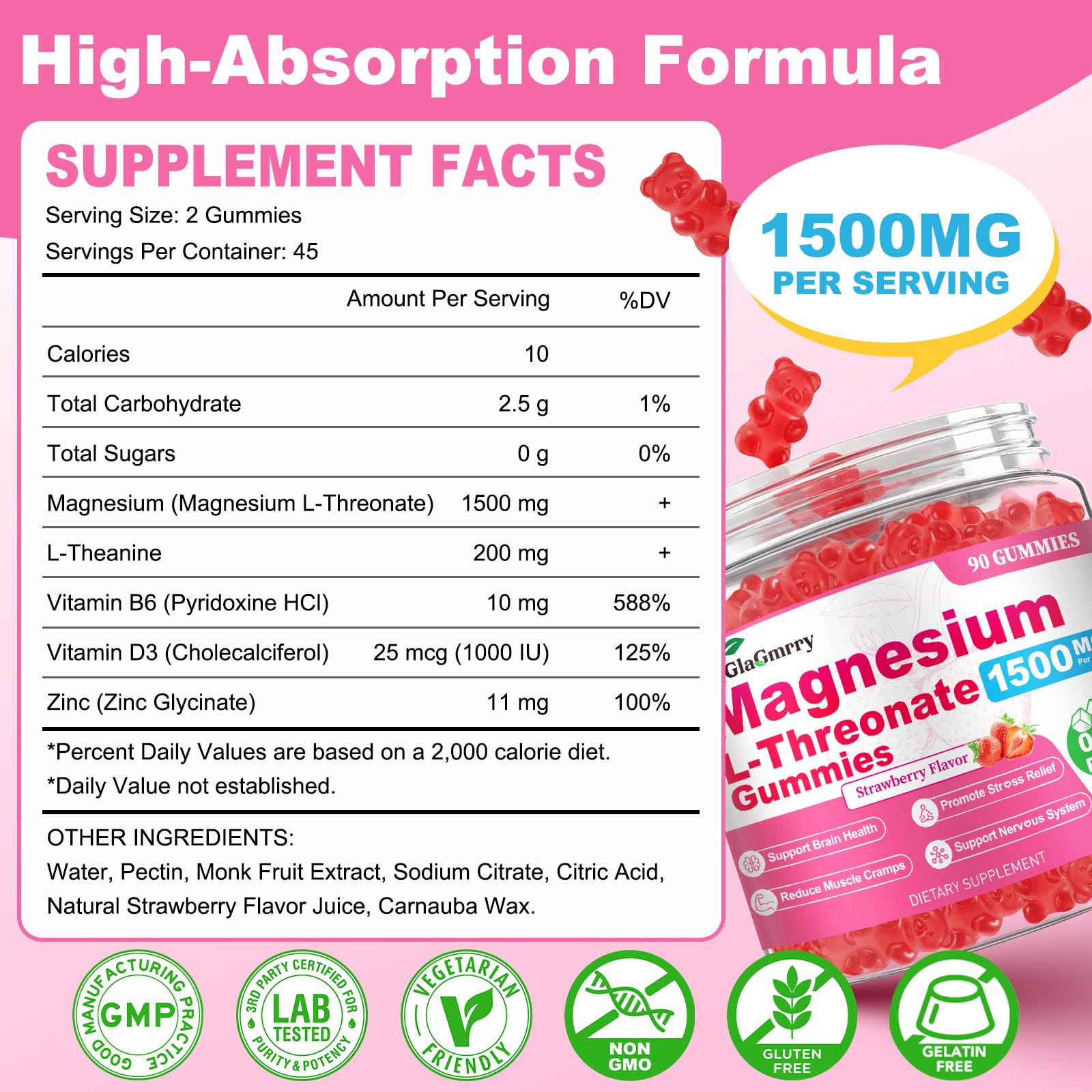 GlaGmrry Magnesium L-Threonate Gummies back view with ingredients