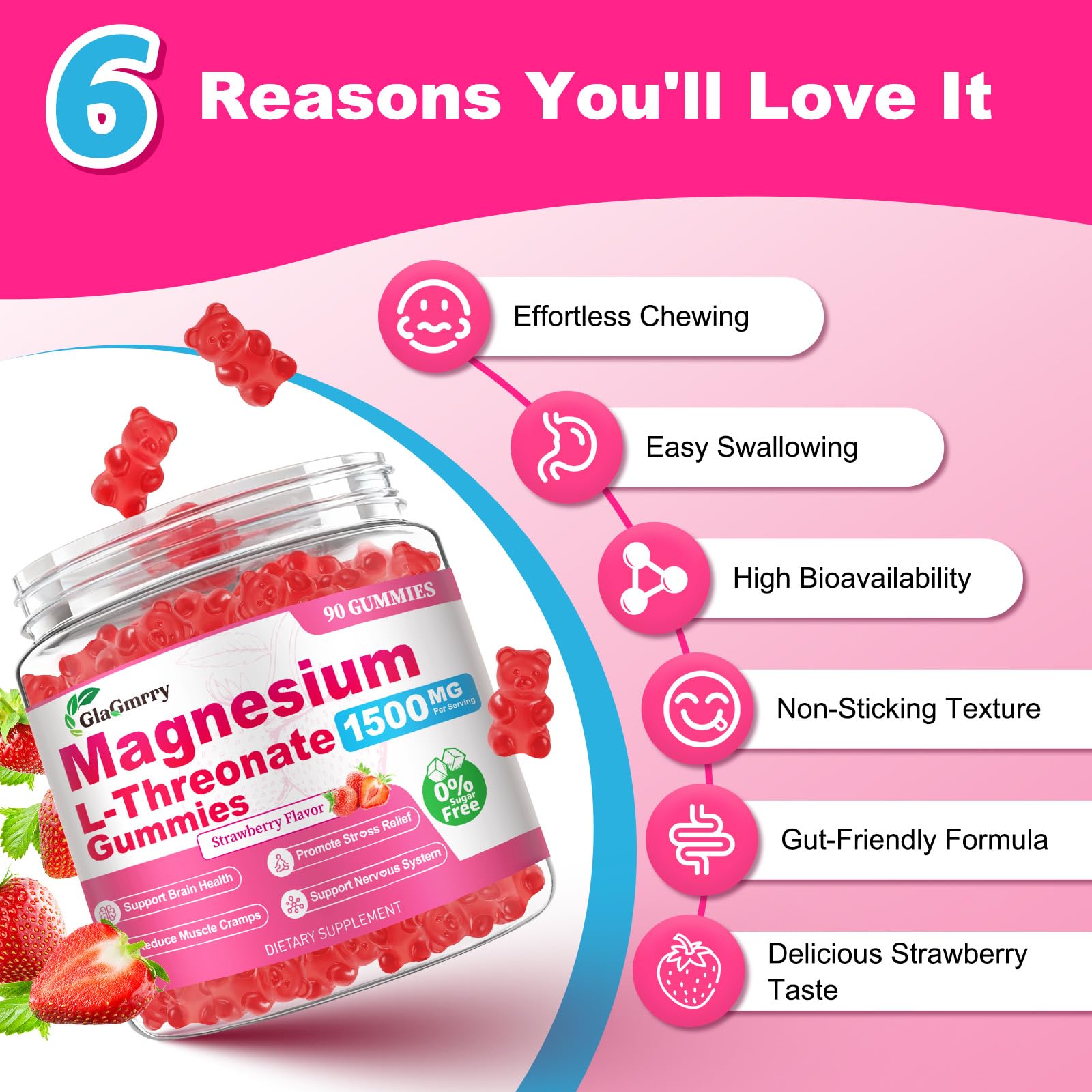 GlaGmrry Magnesium L-Threonate Gummies with fresh strawberries