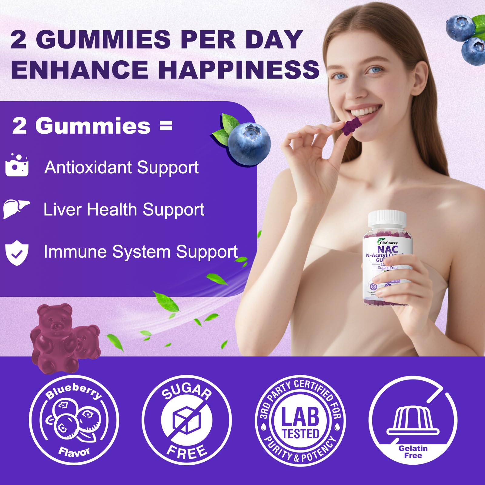 GlaGmrry N-Acetyl Cysteine Gummies with a glass of water