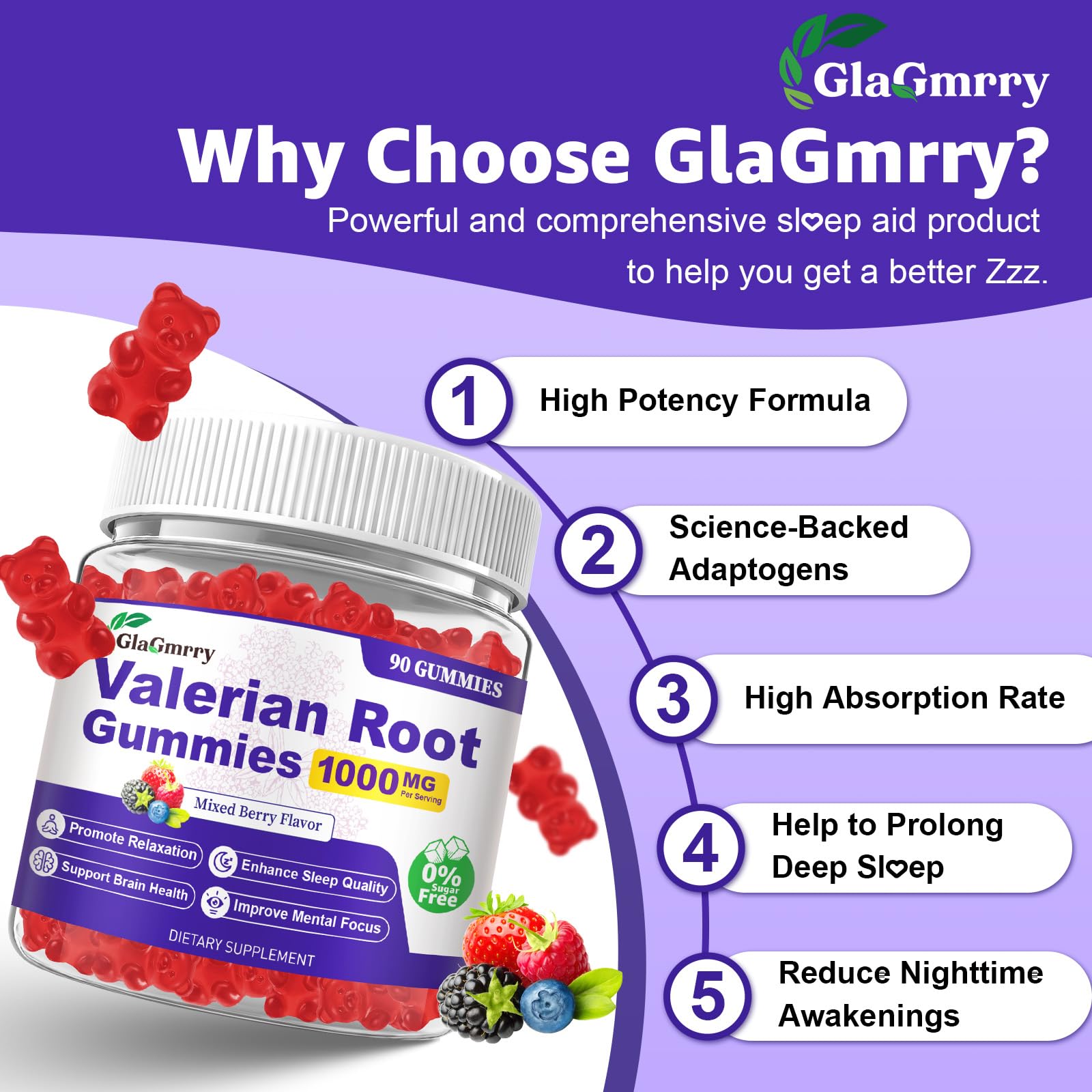 GlaGmrry Valerian Root Gummies displayed on a wooden table