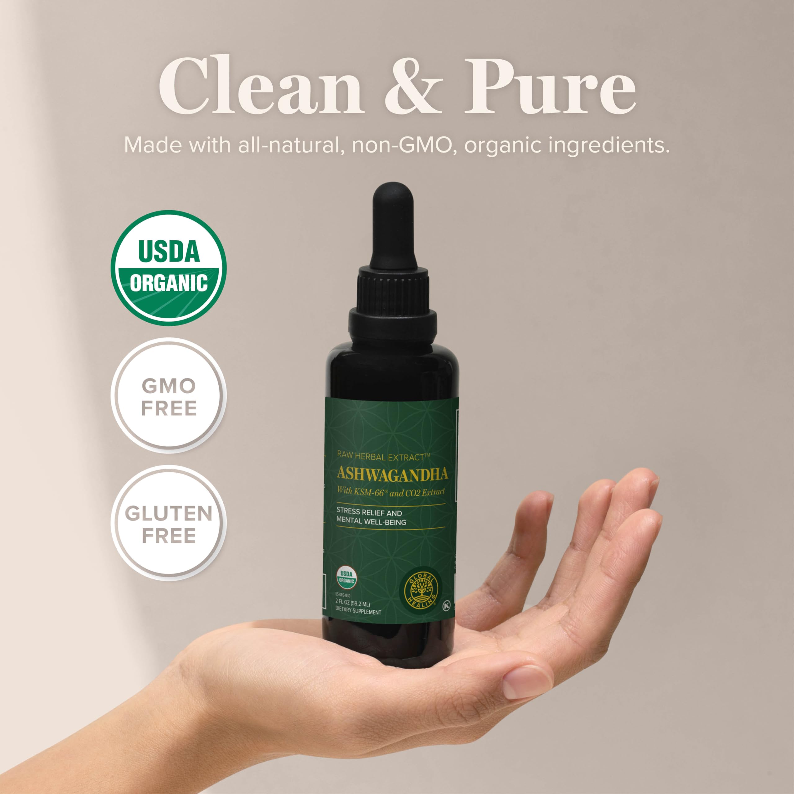 Global Healing Center Ashwagandha Drops with dropper in use