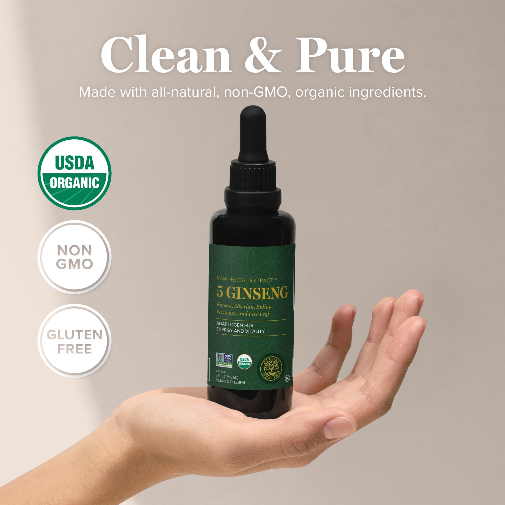 Global Healing Center Ginseng Root Extract bottle on a wooden table
