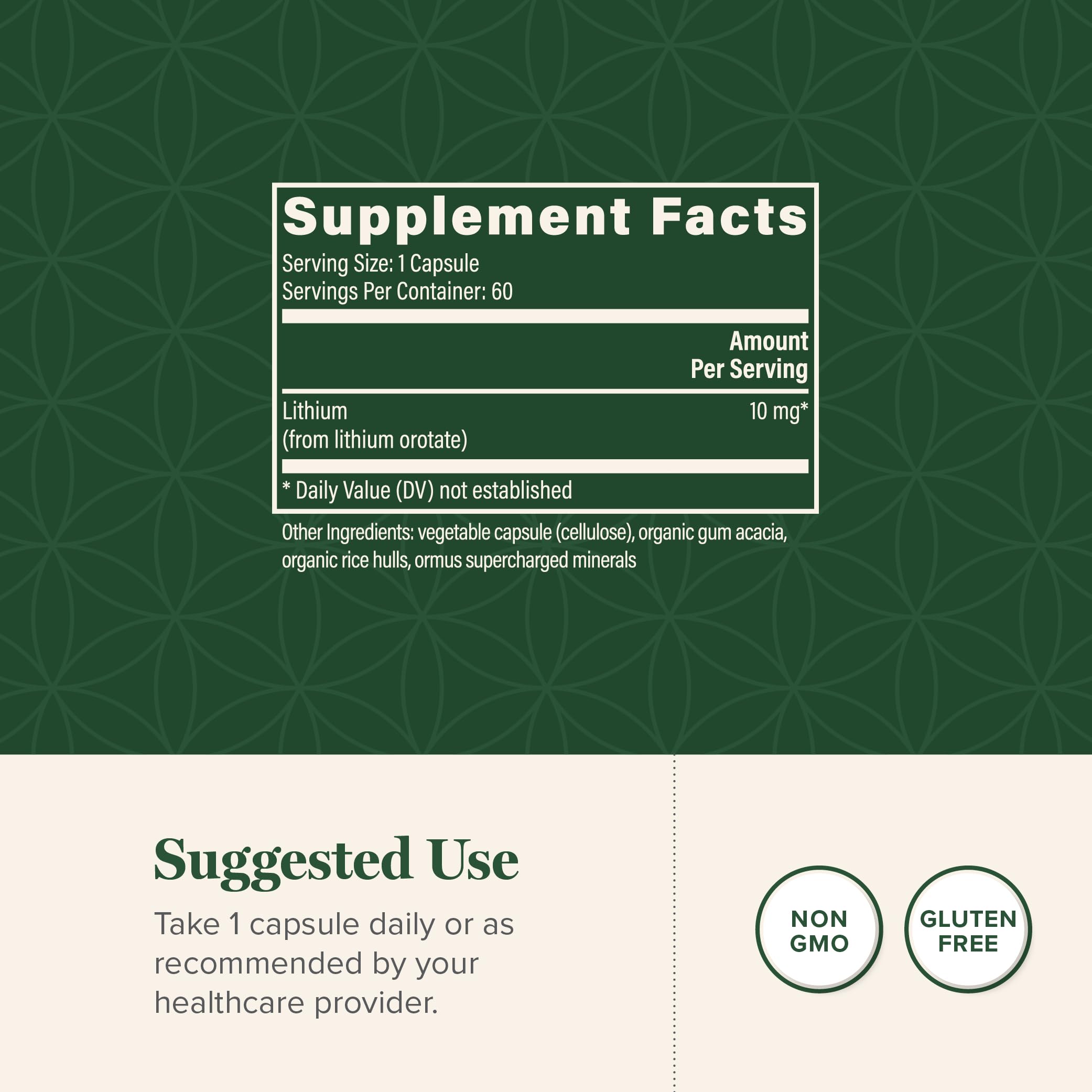 Global Healing Center Lithium Orotate 10mg capsules back view